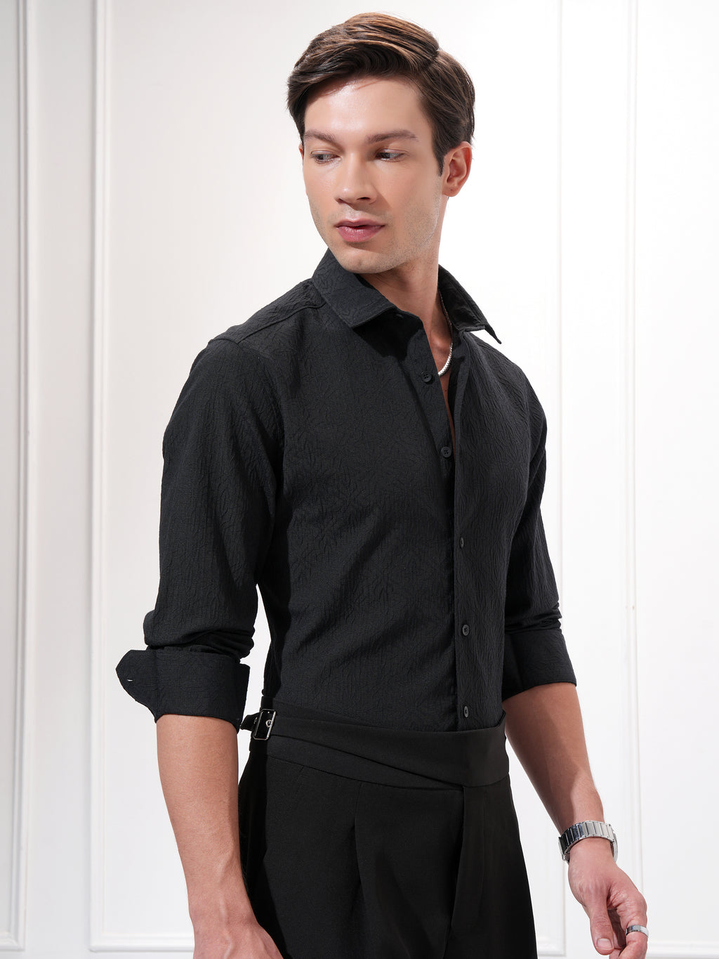 Highlander Men Black Self Design Slim Fit Casual Shirt - Black - Image 6