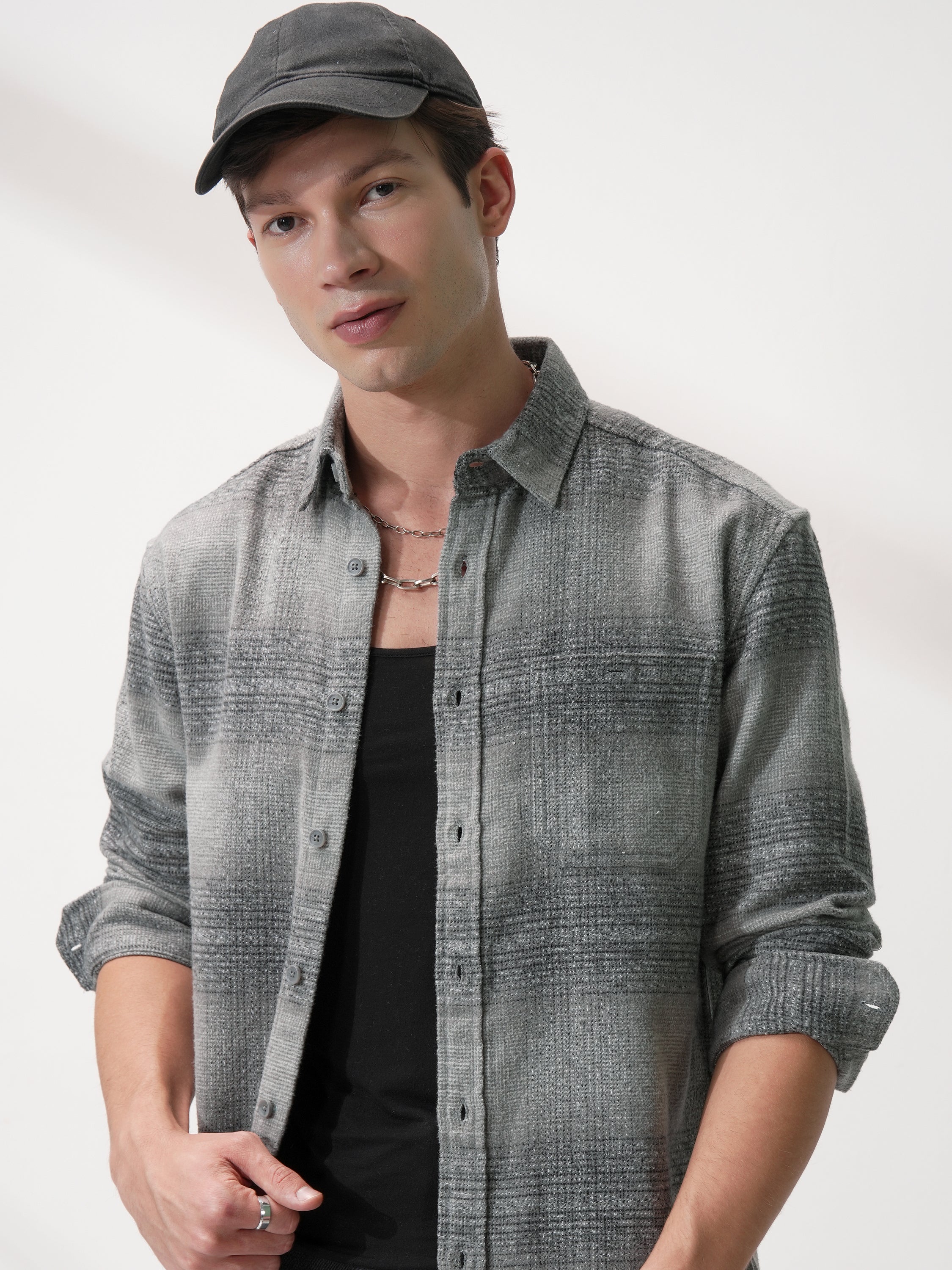 Highlander Men Grey Checked Relaxed Fit Casual Shirt - Grey - Image 1