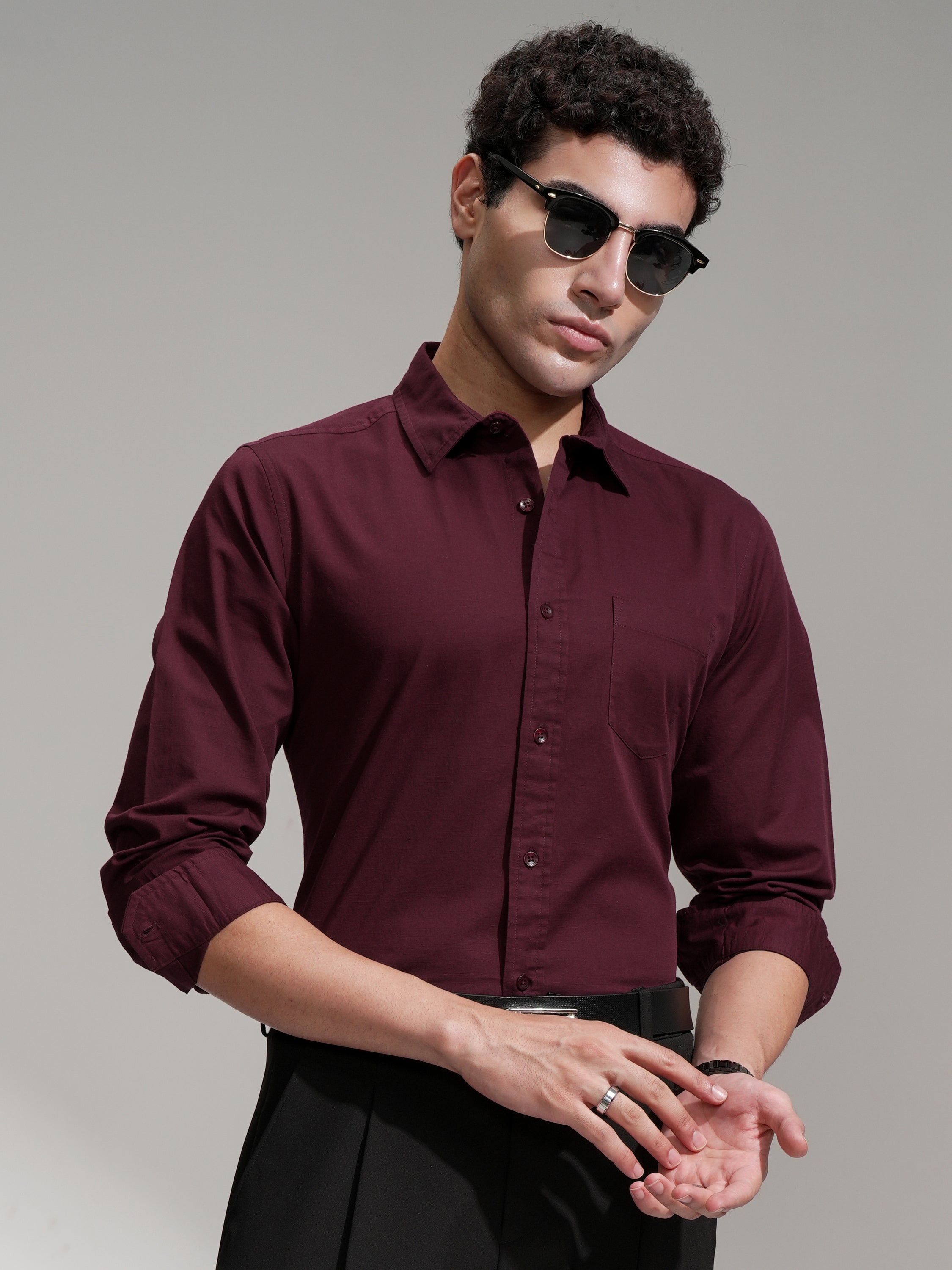 Highlander Men Maroon Solid Slim Fit Casual Shirt - Maroon - Image 1