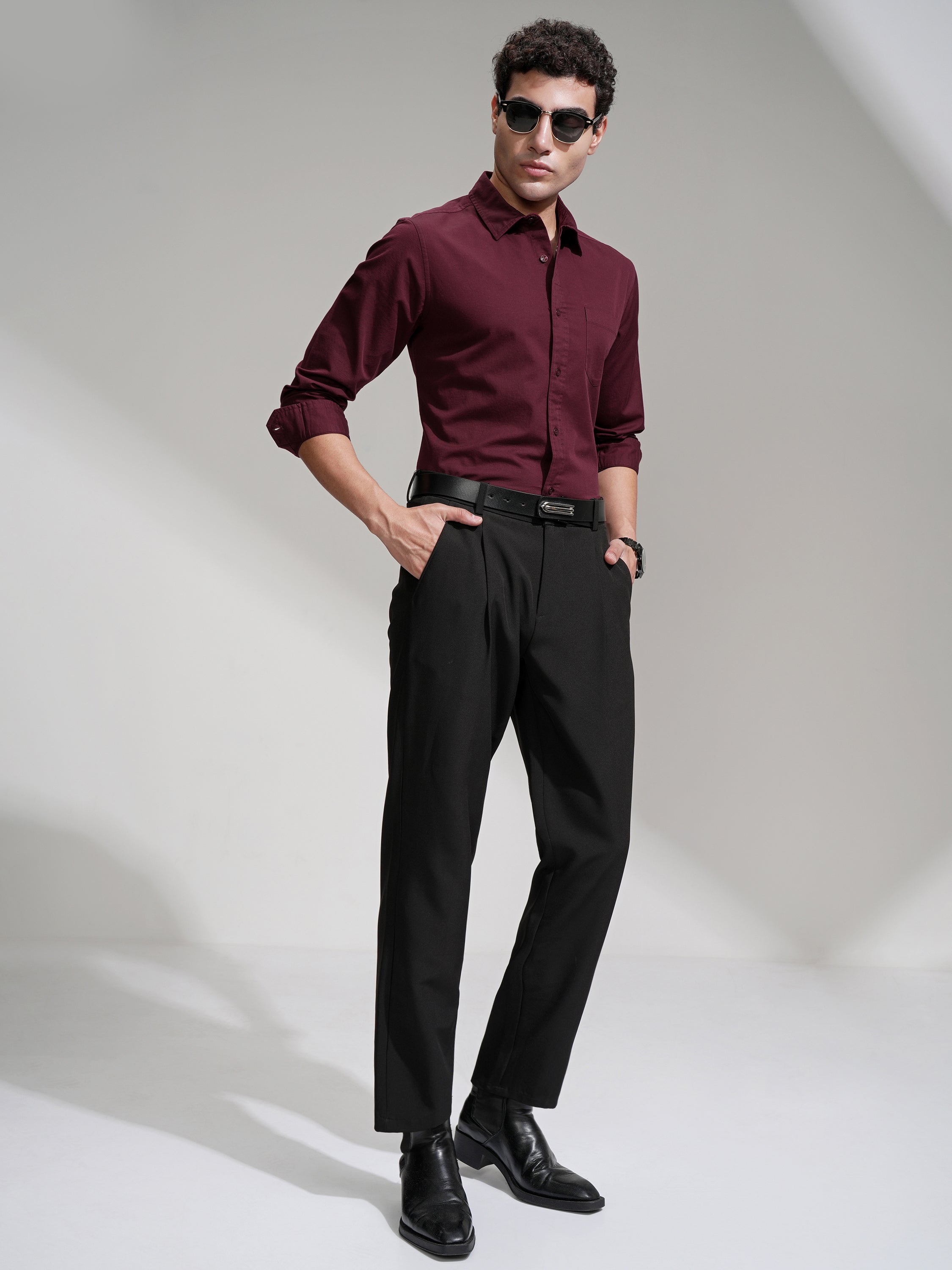 Highlander Men Maroon Solid Slim Fit Casual Shirt - Maroon - Image 2