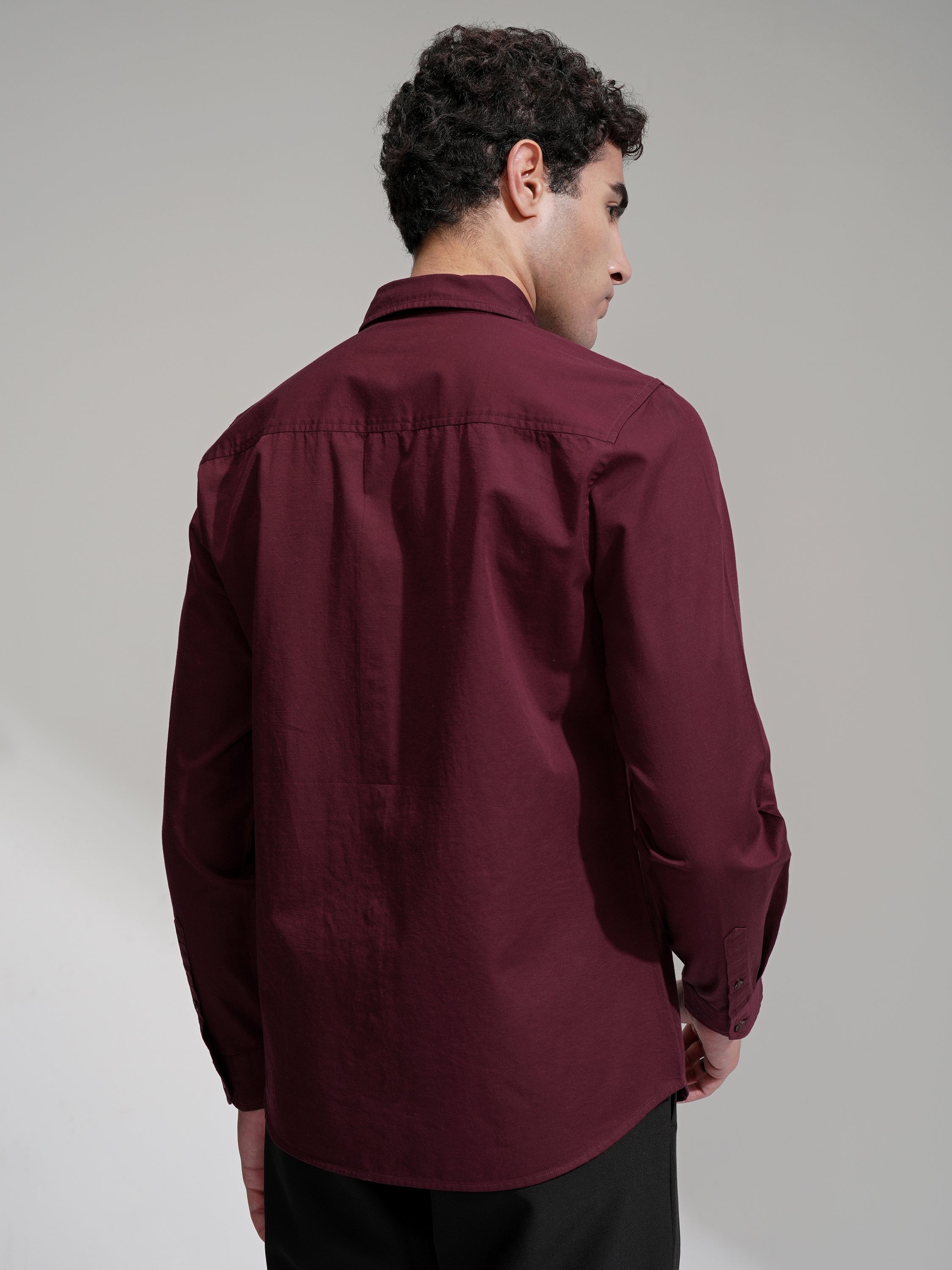 Highlander Men Maroon Solid Slim Fit Casual Shirt - Maroon - Image 3