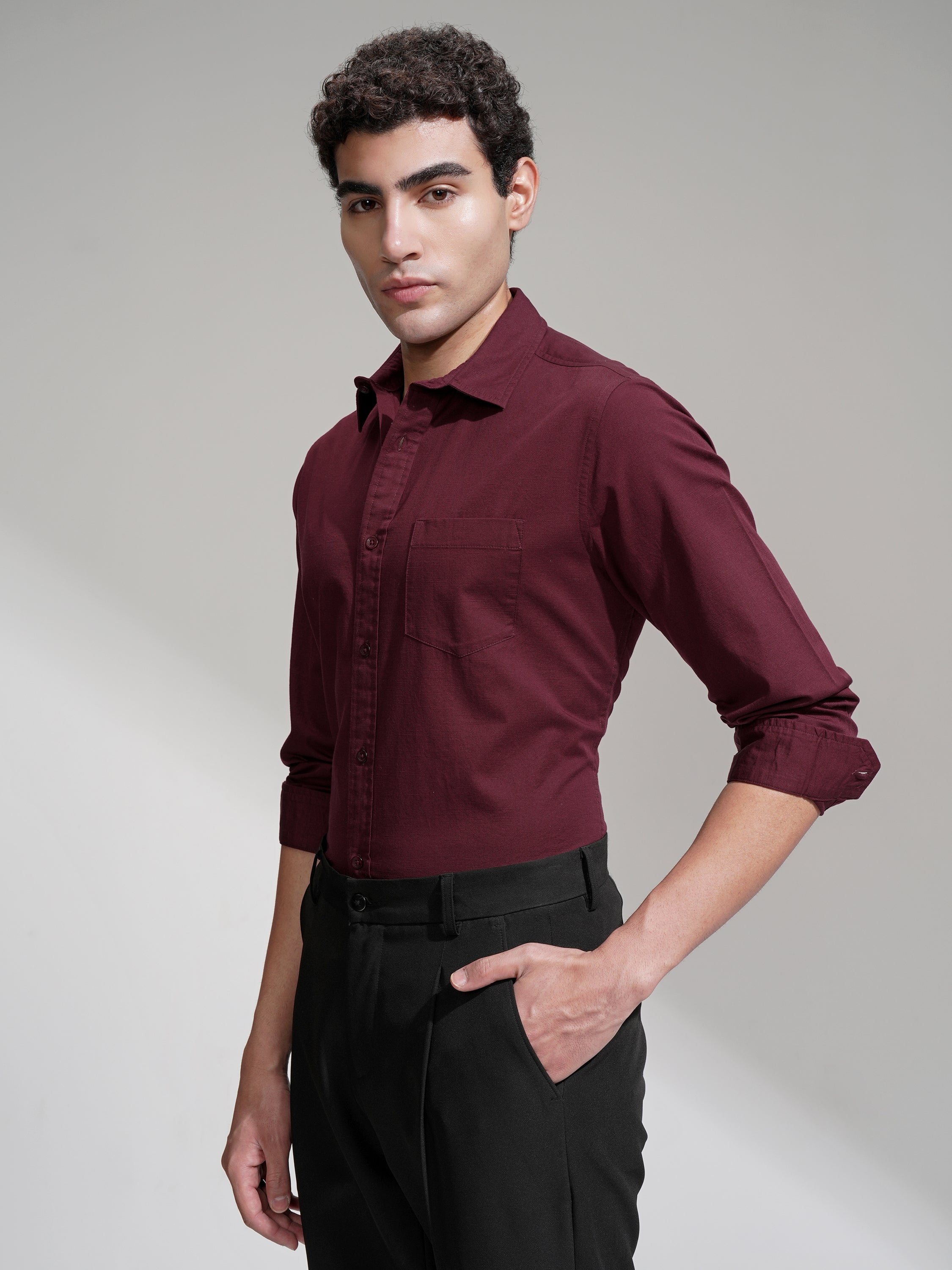 Highlander Men Maroon Solid Slim Fit Casual Shirt - Maroon - Image 4
