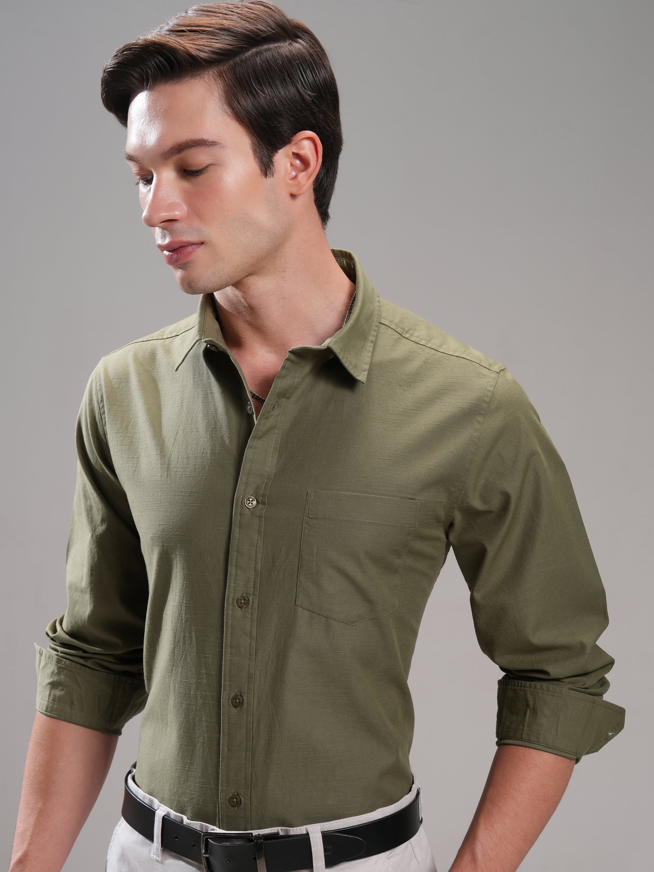 Highlander Men Olive Self Design Slim Fit Casual Shirt - Olive - Image 1