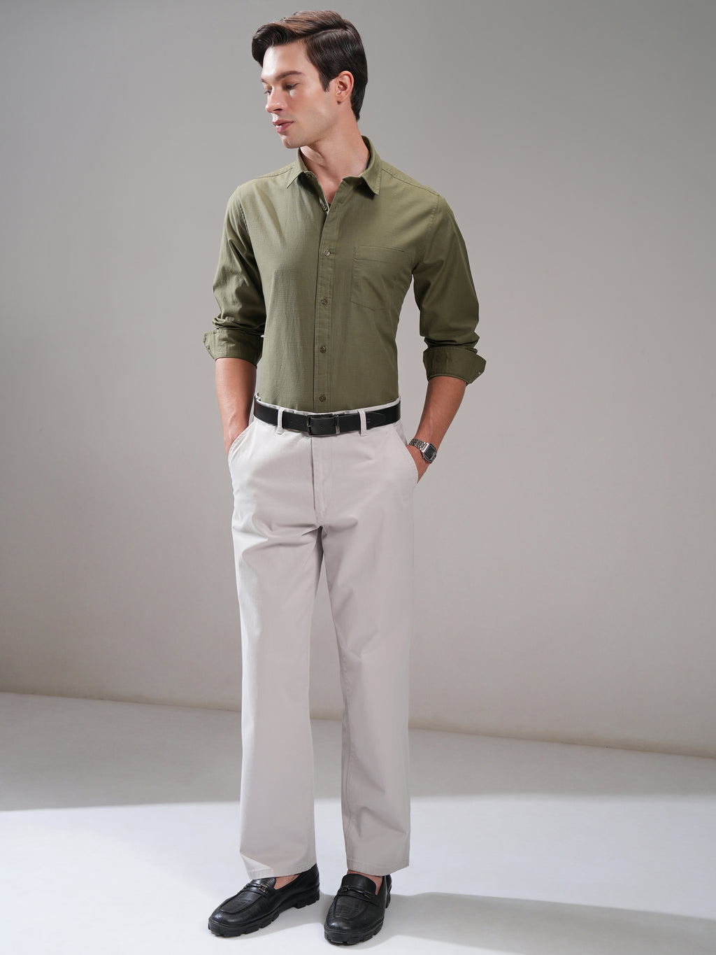 Highlander Men Olive Self Design Slim Fit Casual Shirt - Olive - Image 2