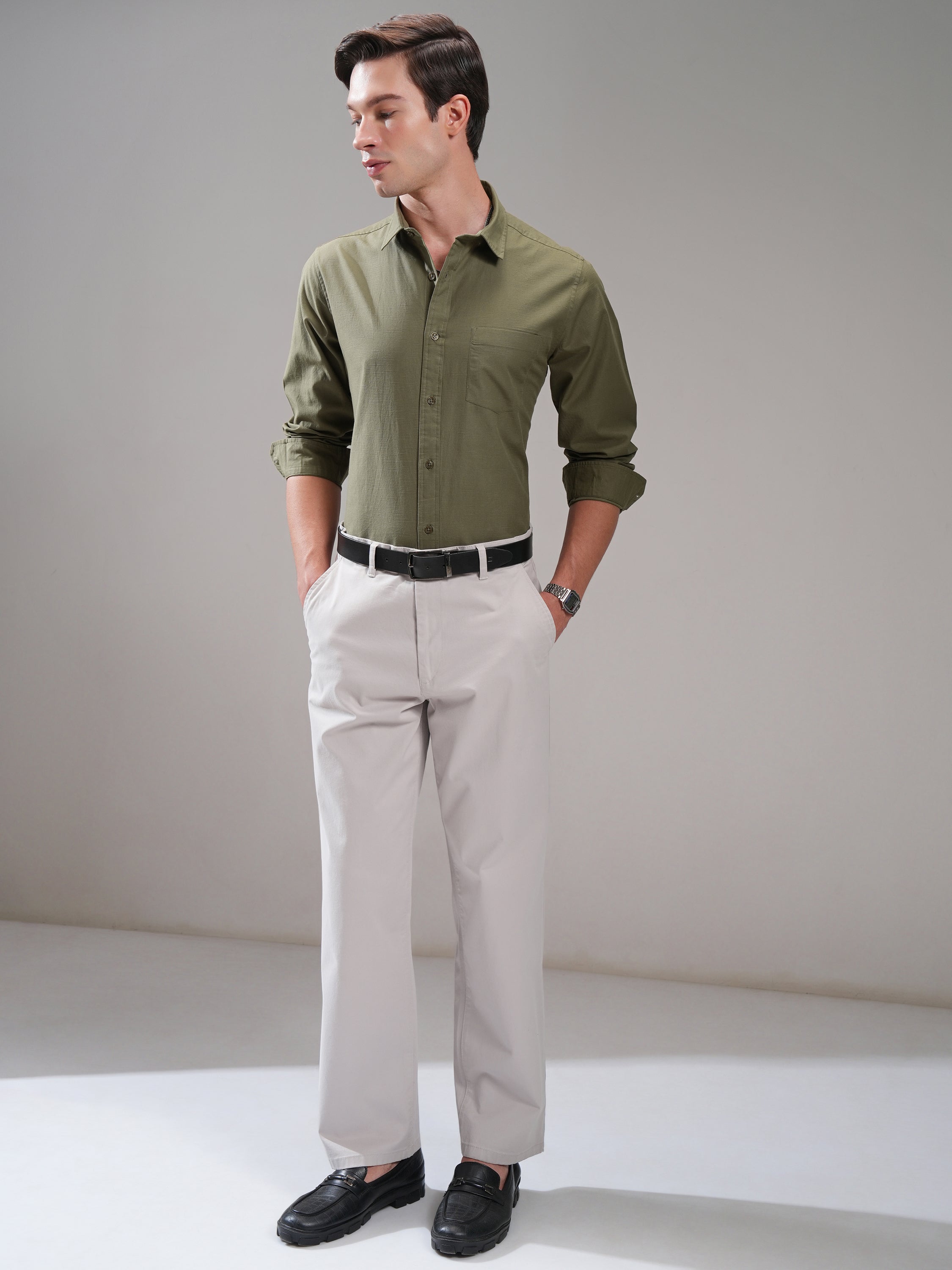 Highlander Men Olive Self Design Slim Fit Casual Shirt - Olive - Image 2
