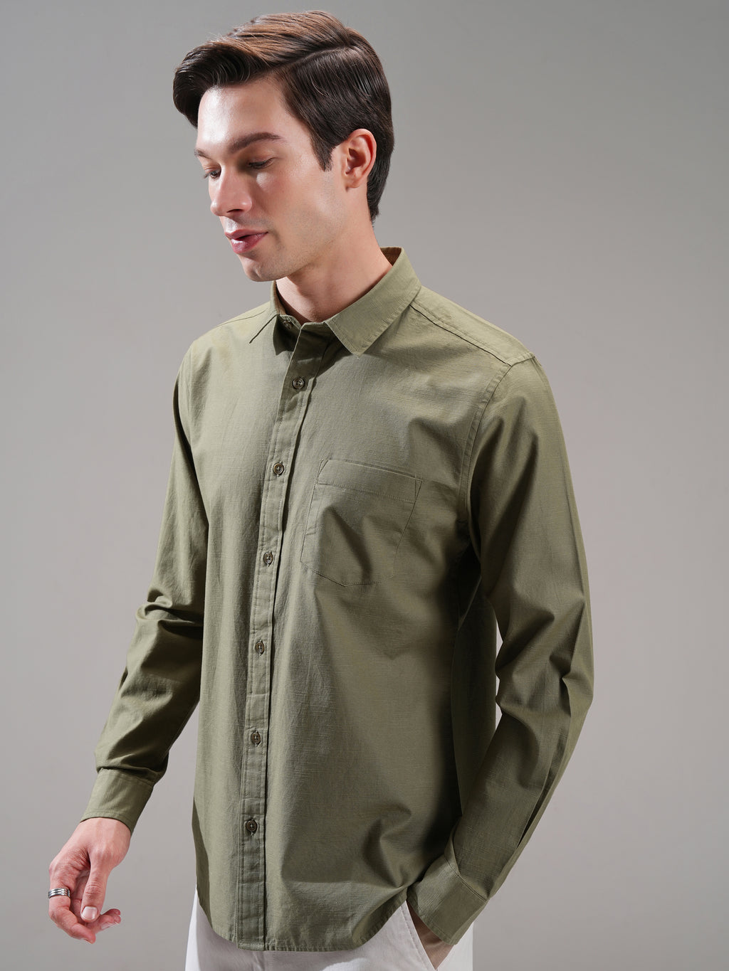 Highlander Men Olive Self Design Slim Fit Casual Shirt - Olive - Image 4