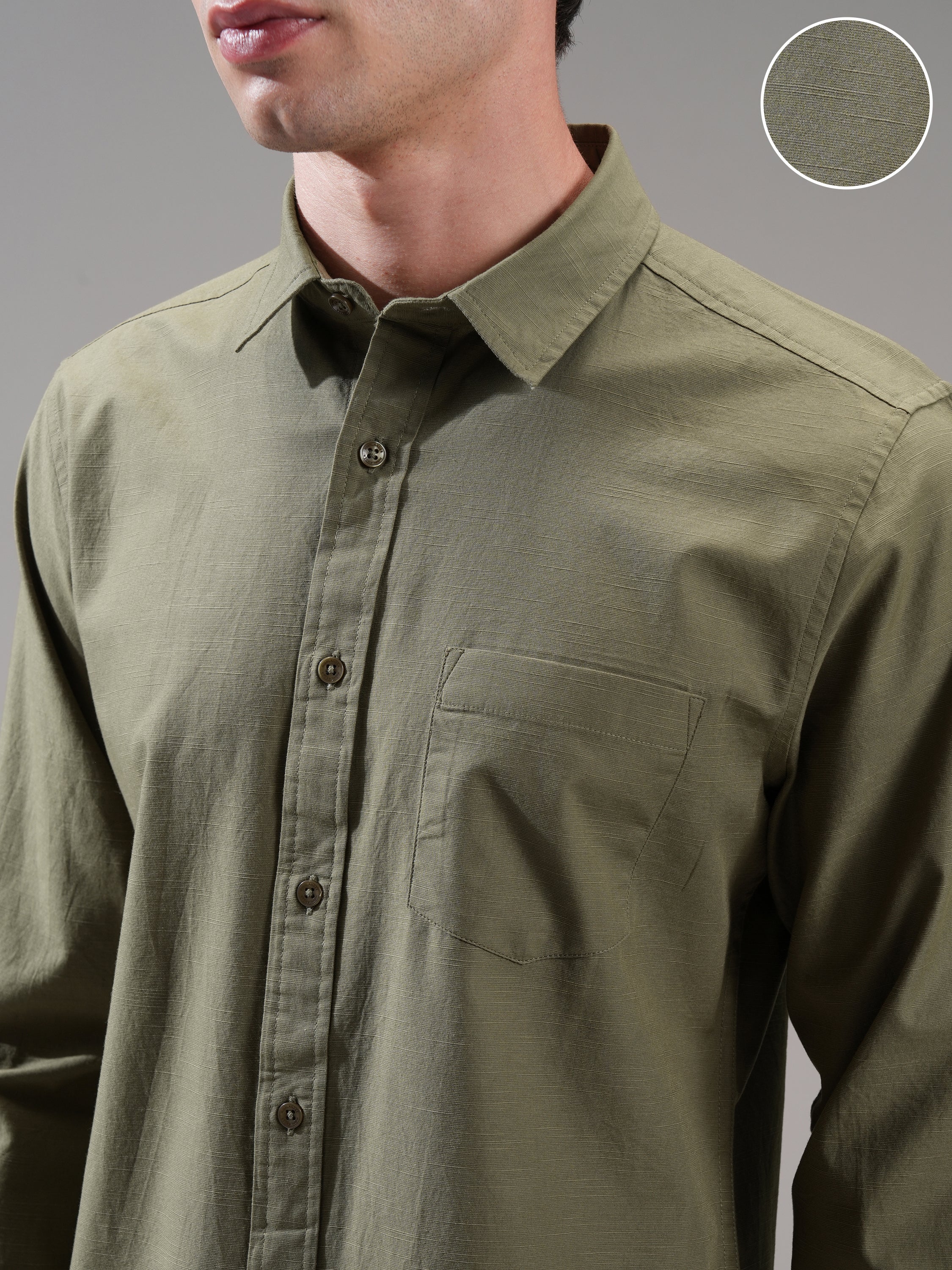 Highlander Men Olive Self Design Slim Fit Casual Shirt - Olive - Image 5