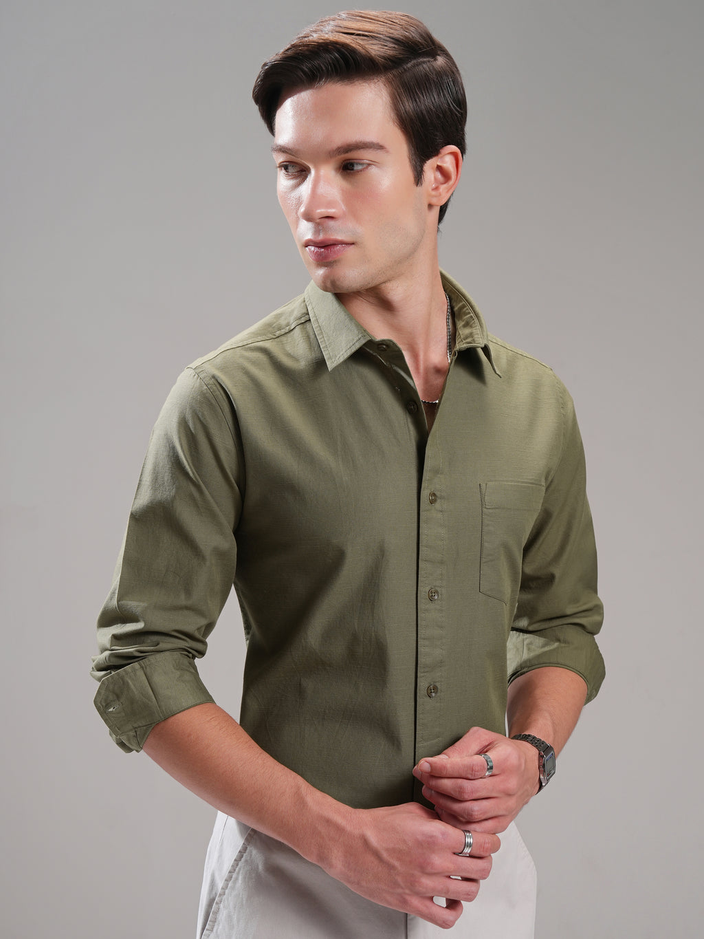 Highlander Men Olive Self Design Slim Fit Casual Shirt - Olive - Image 6
