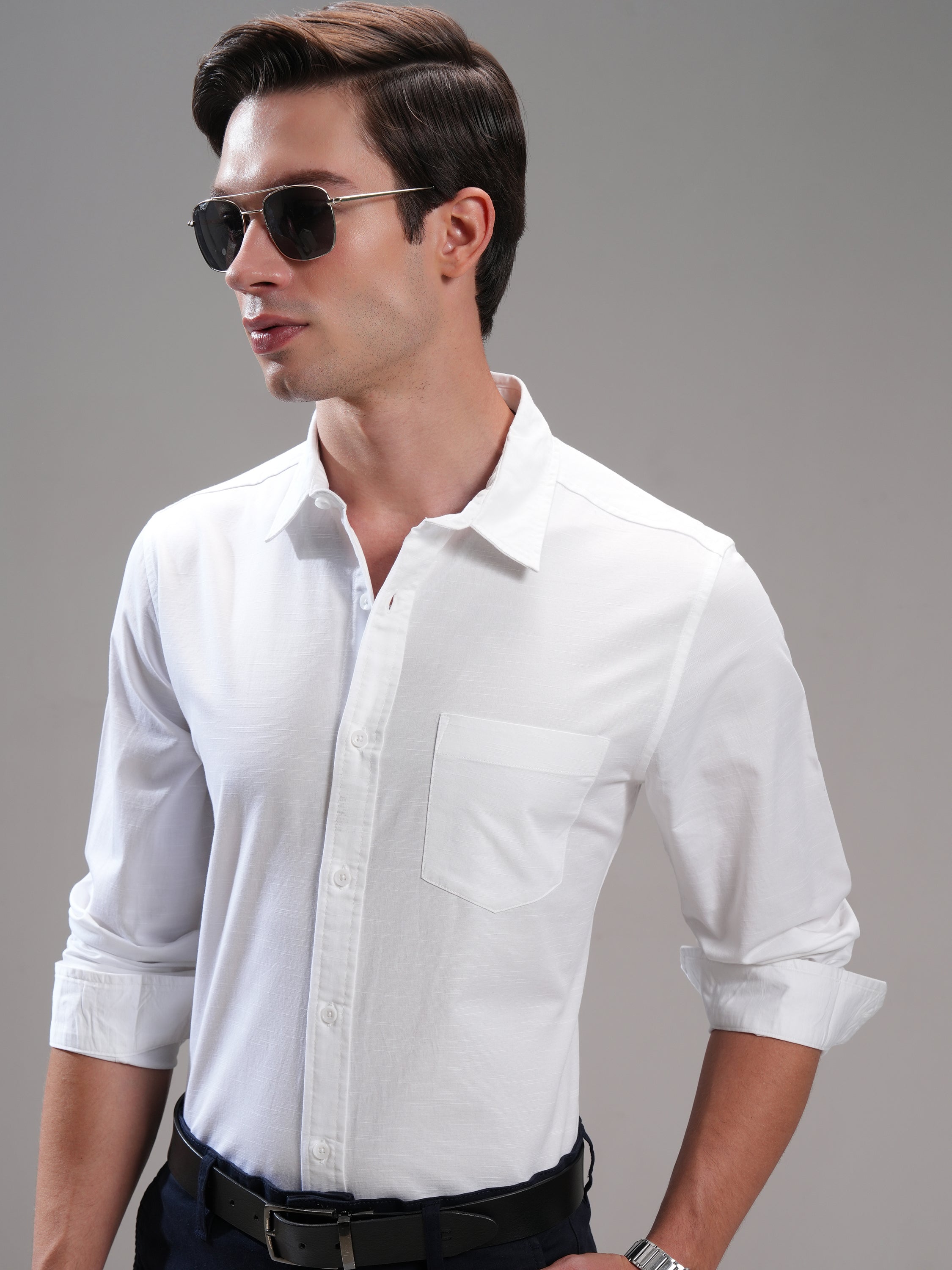 Highlander Men White Self Design Slim Fit Casual Shirt - White - Image 1