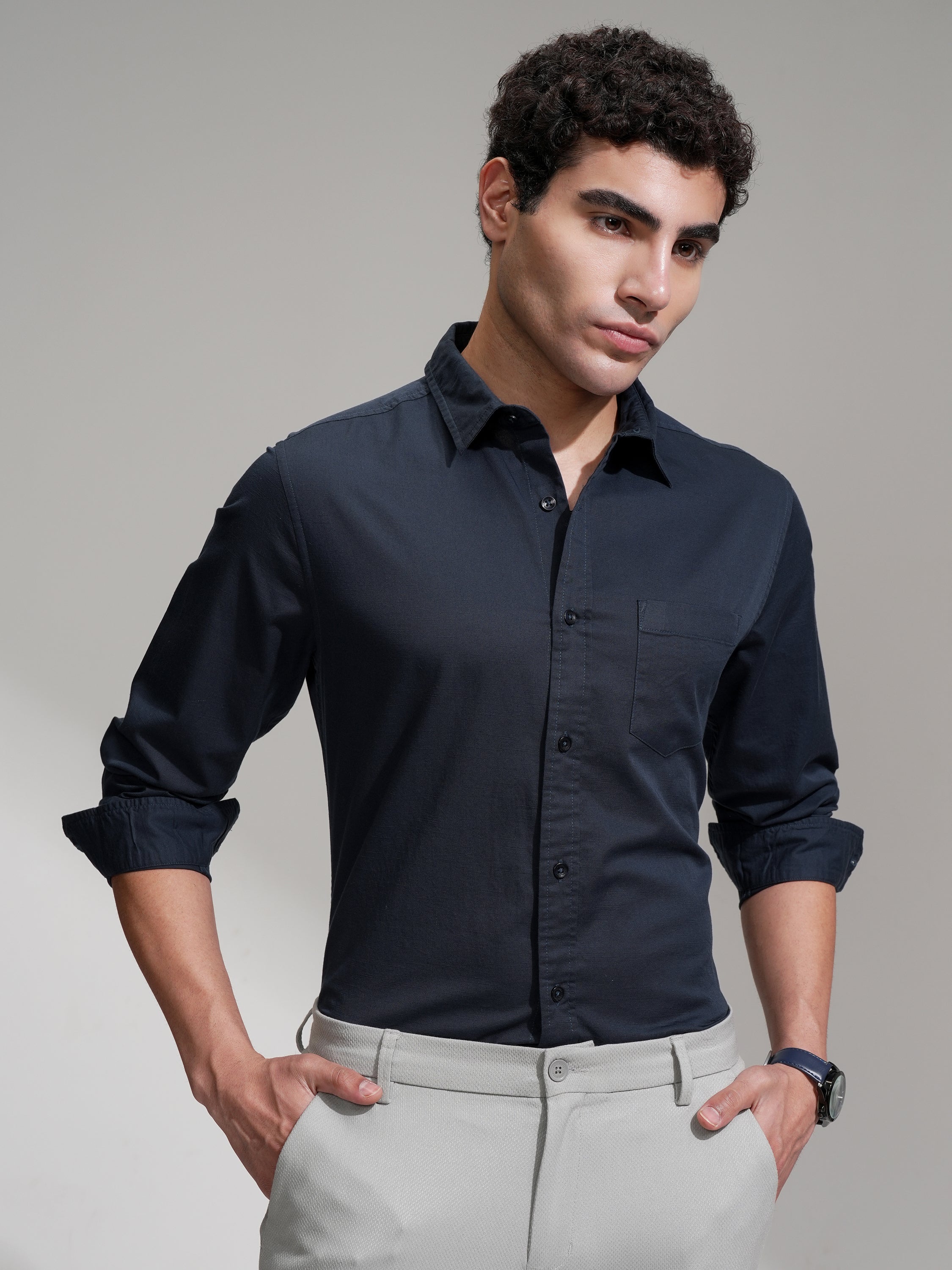 Highlander Men Navy Blue Solid Slim Fit Casual Shirt - Navy Blue - Image 1