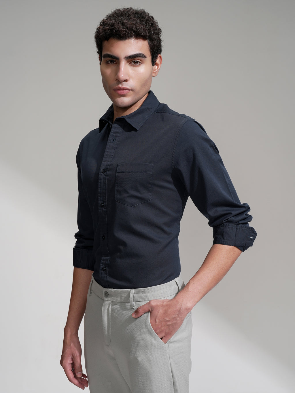 Highlander Men Navy Blue Solid Slim Fit Casual Shirt - Navy Blue - Image 4