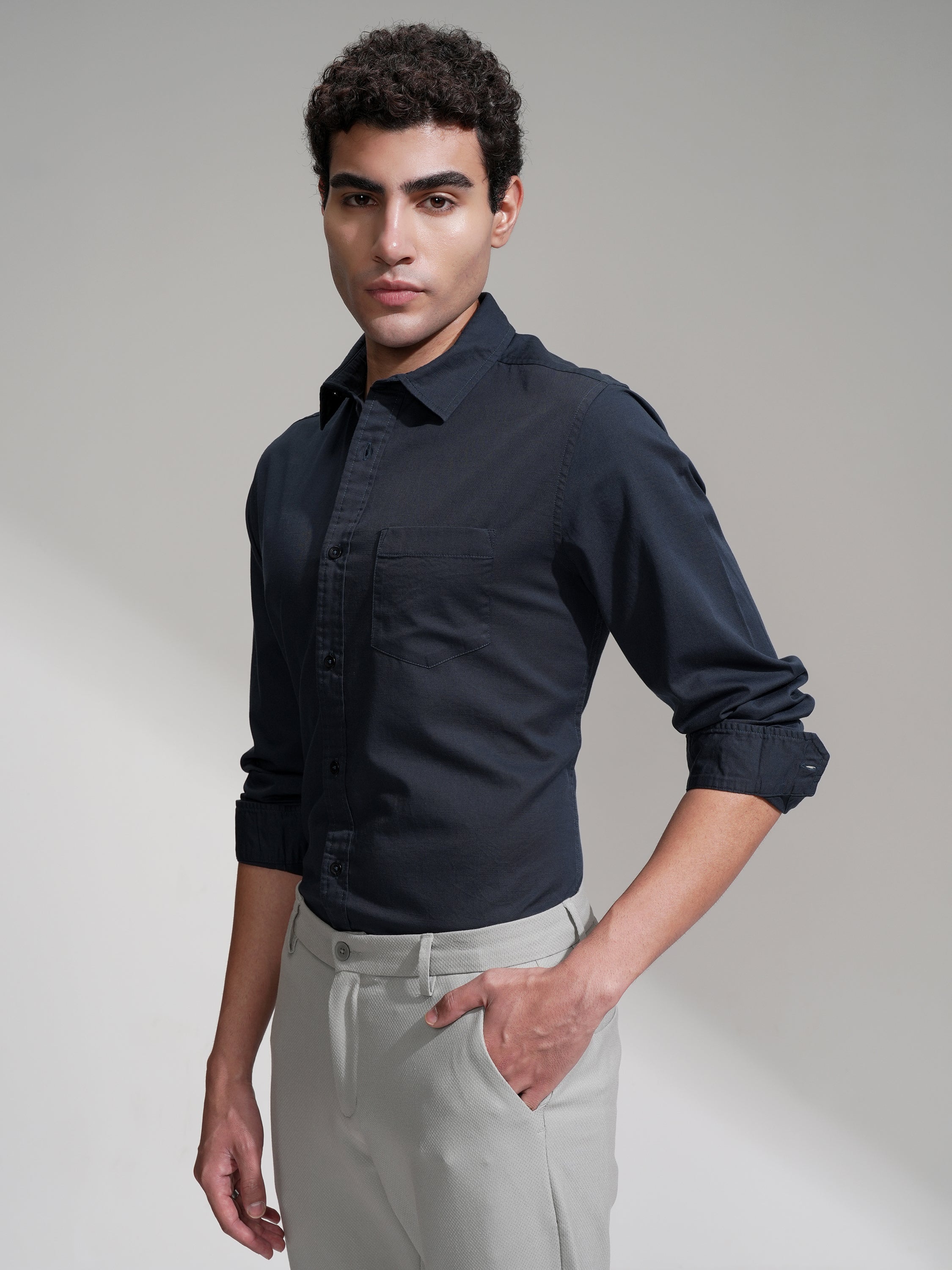 Highlander Men Navy Blue Solid Slim Fit Casual Shirt - Navy Blue - Image 4