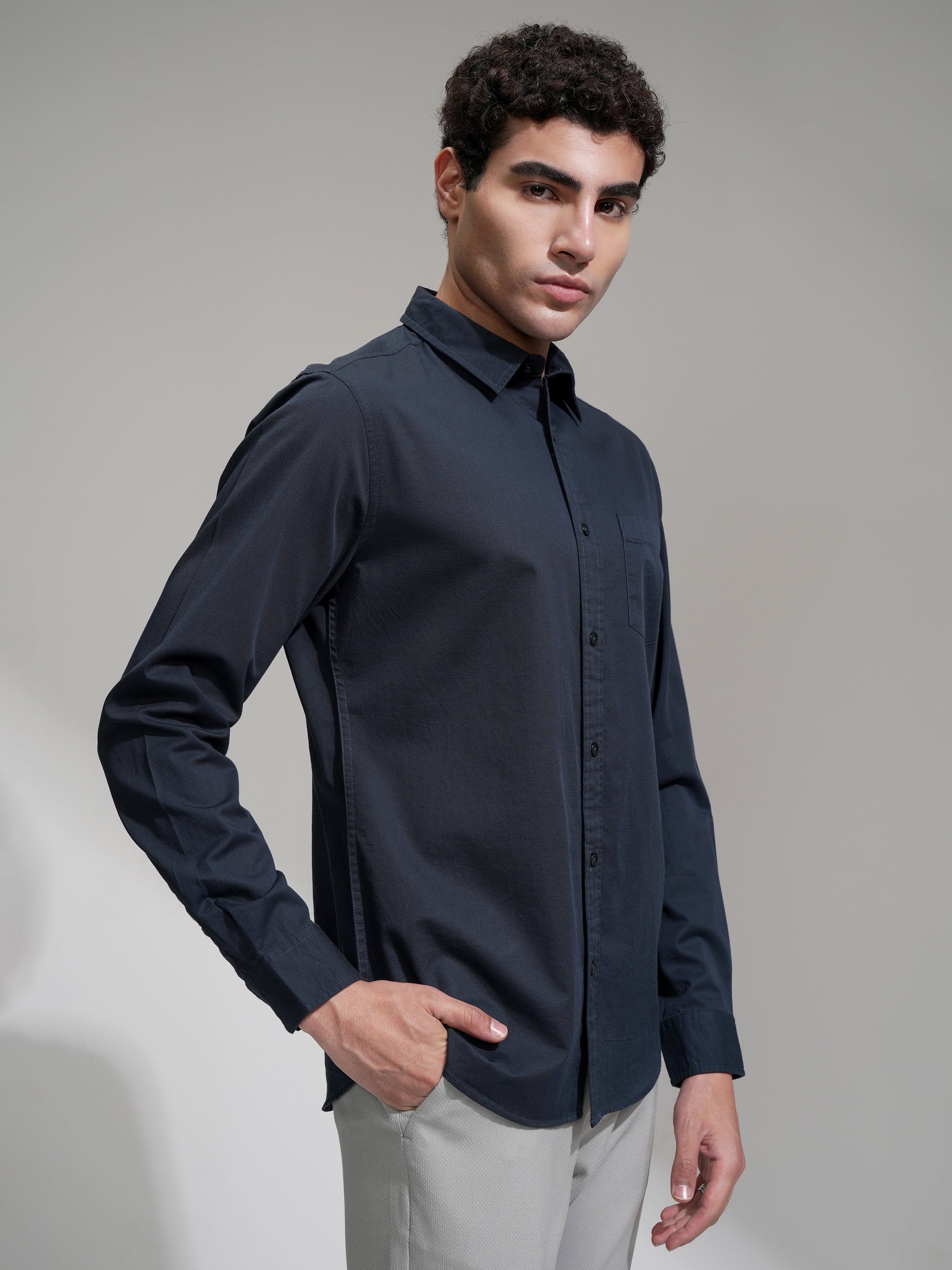 Highlander Men Navy Blue Solid Slim Fit Casual Shirt - Navy Blue - Image 6