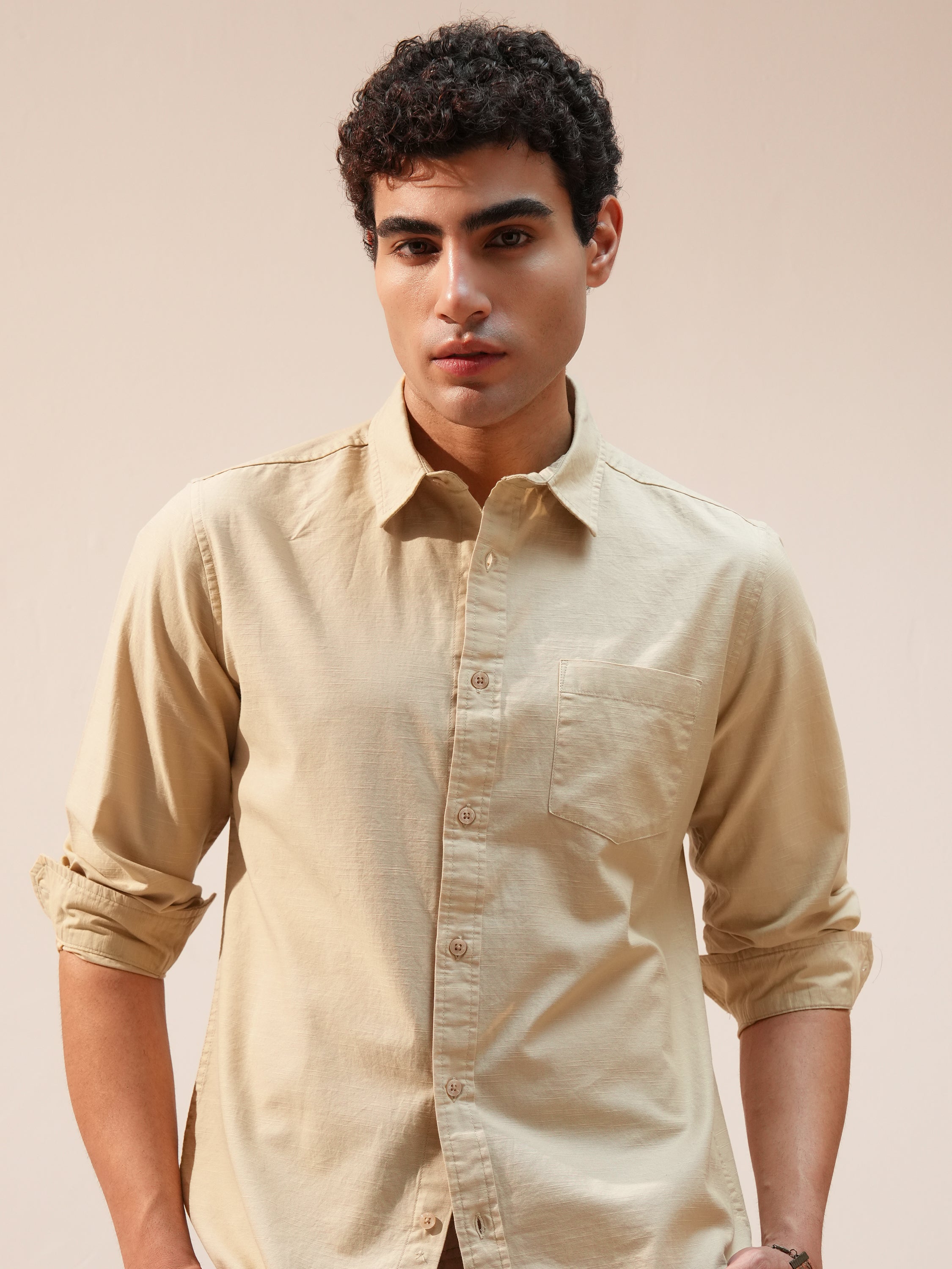Highlander Men Beige Self Design Slim Fit Casual Shirt - Beige - Image 1