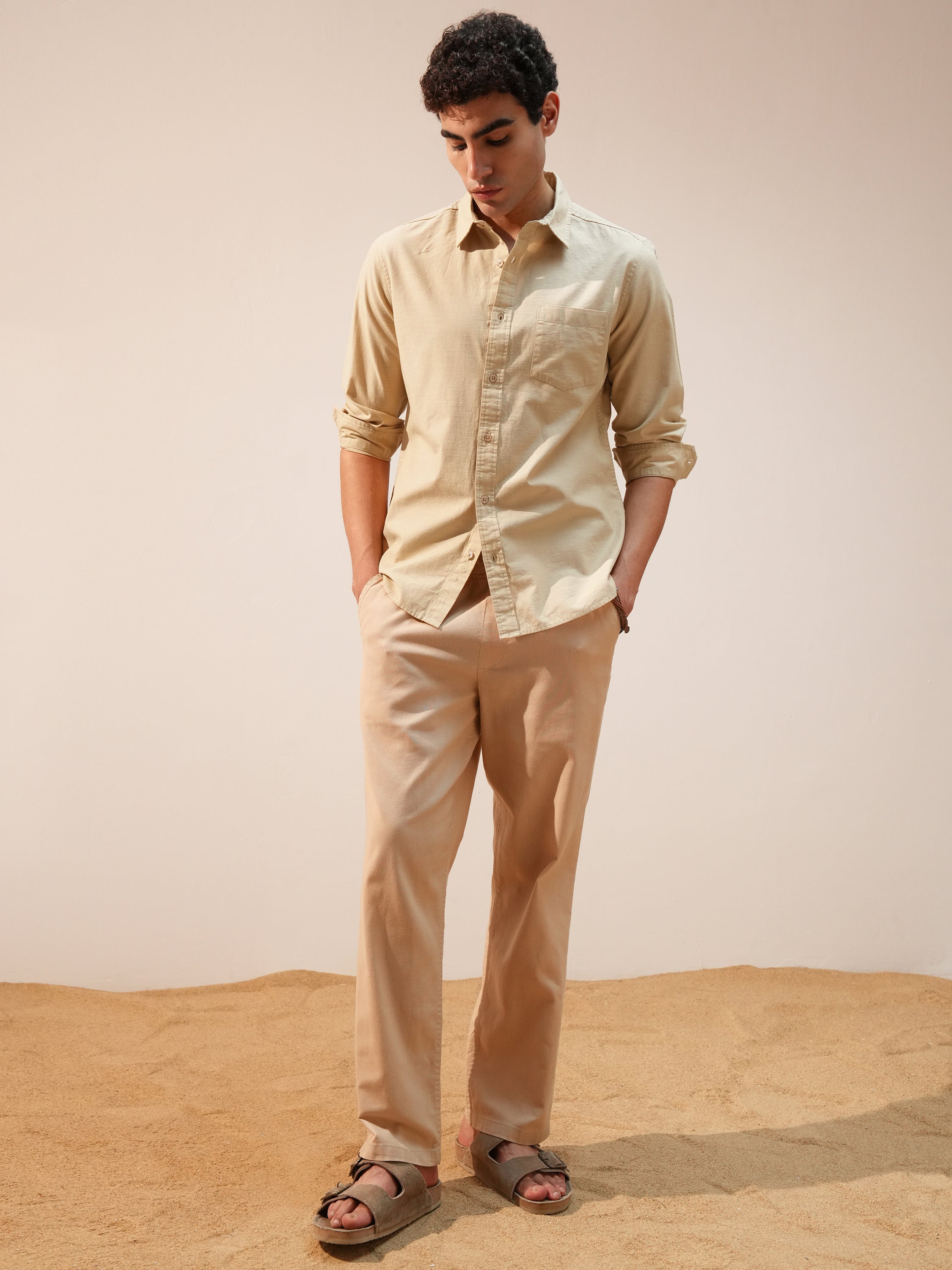 Highlander Men Beige Self Design Slim Fit Casual Shirt - Beige - Image 2
