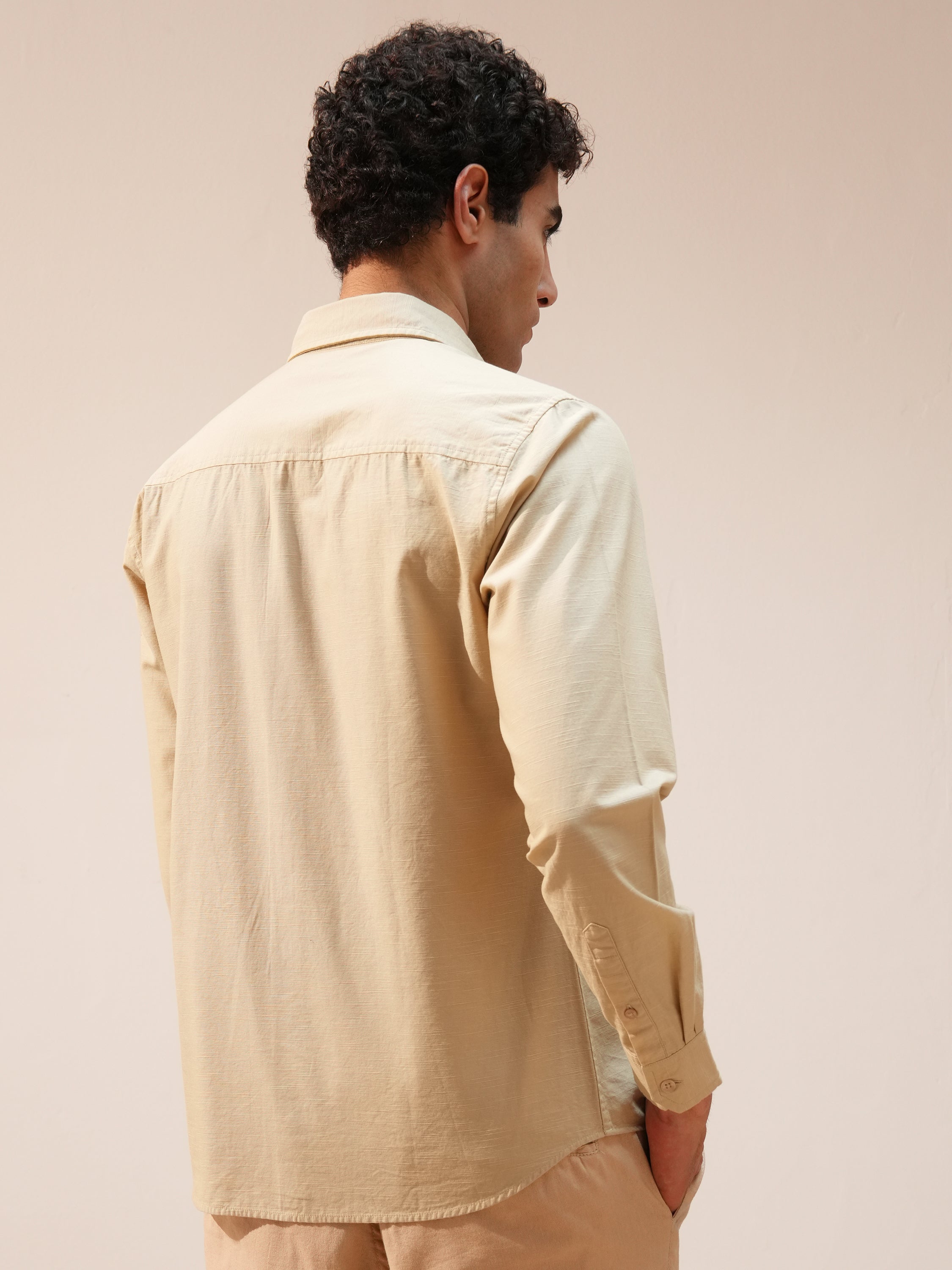 Highlander Men Beige Self Design Slim Fit Casual Shirt - Beige - Image 3