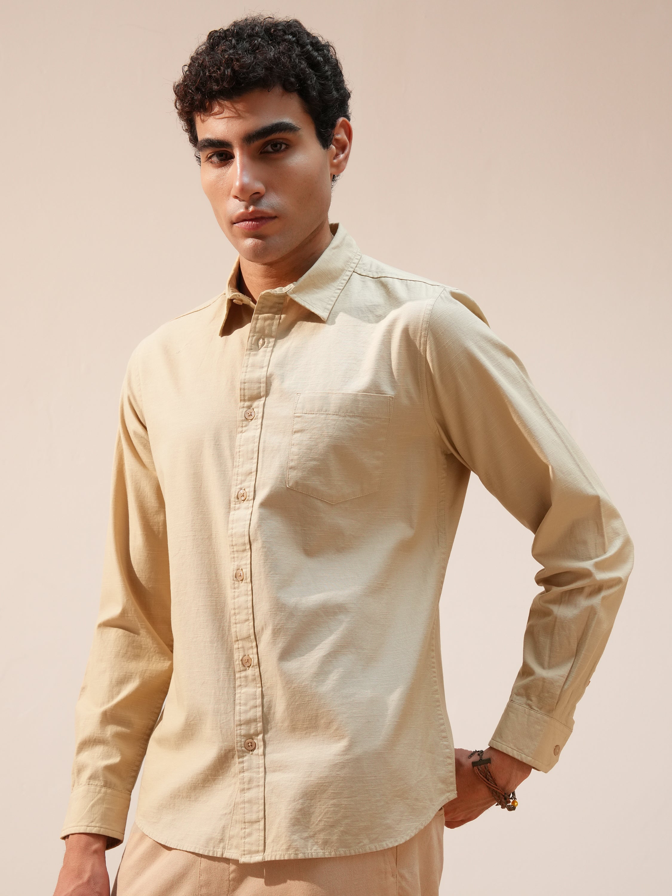 Highlander Men Beige Self Design Slim Fit Casual Shirt - Beige - Image 4