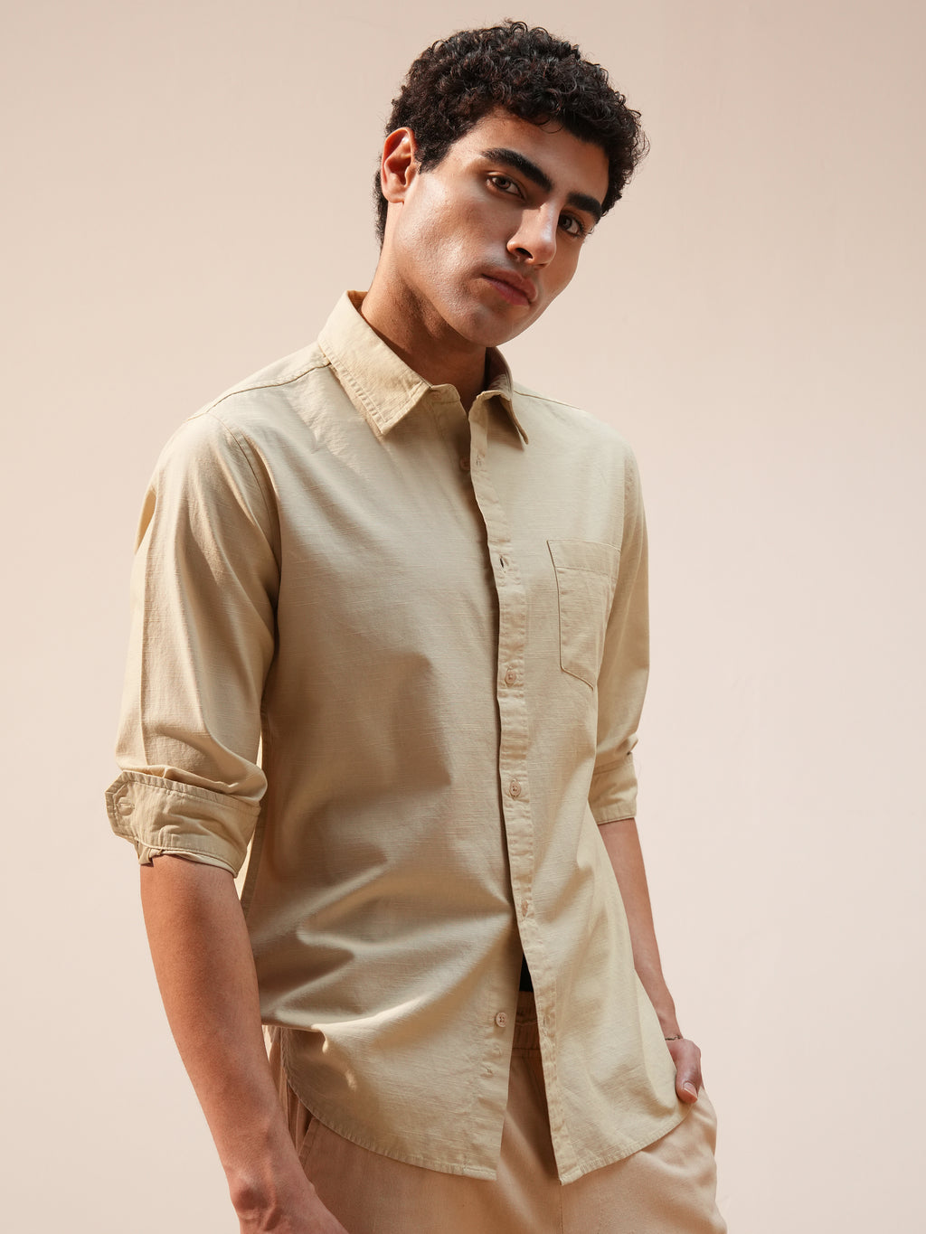 Highlander Men Beige Self Design Slim Fit Casual Shirt - Beige - Image 6