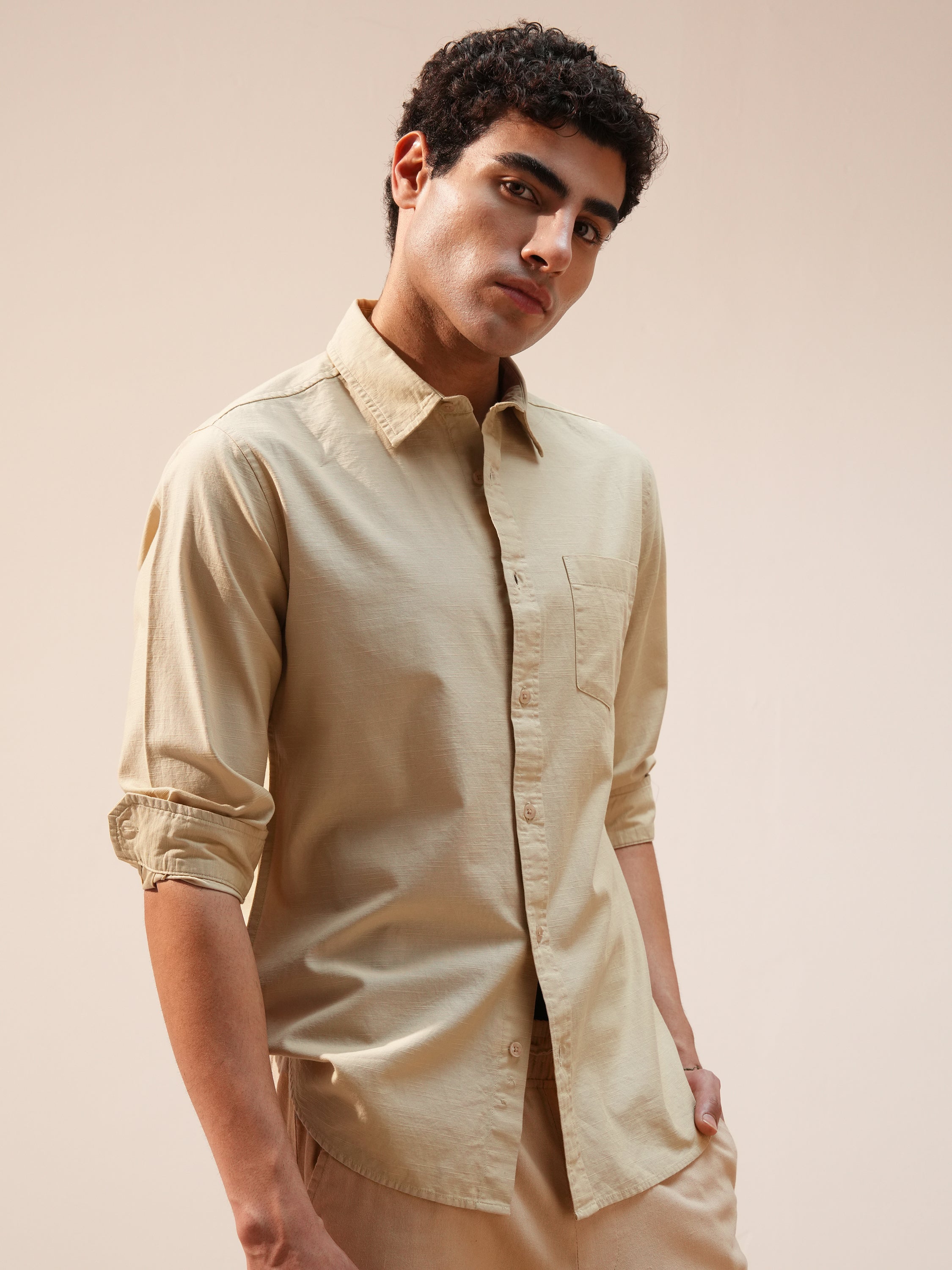 Highlander Men Beige Self Design Slim Fit Casual Shirt - Beige - Image 6