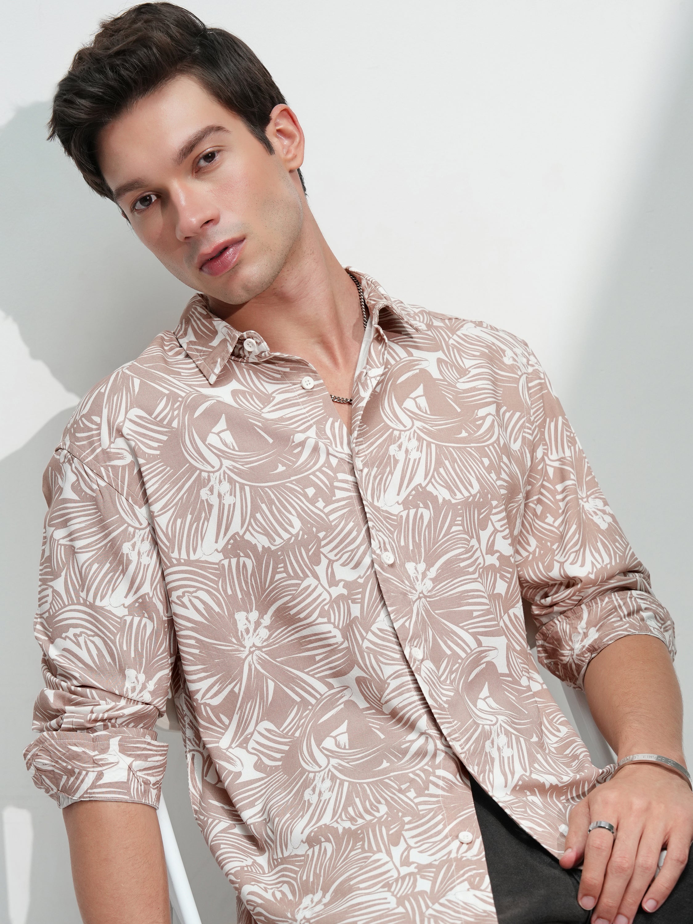Highlander Men Tan Printed Relaxed Fit Casual Shirt - Tan - Image 1