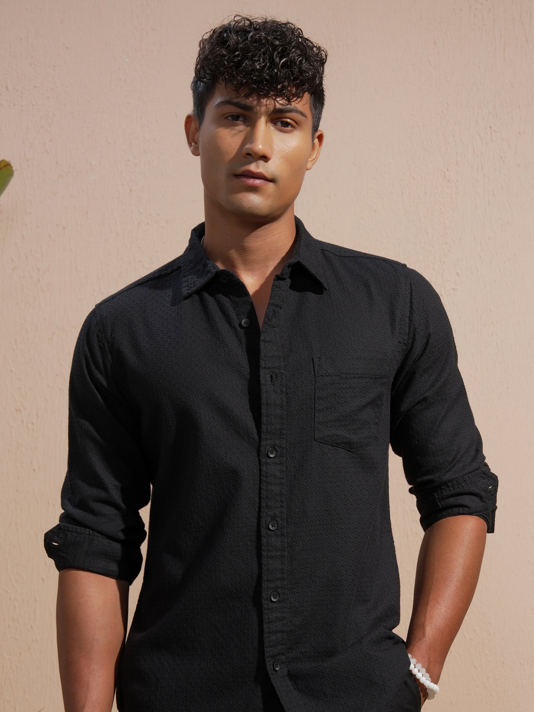 Highlander Men Black Self Design Slim Fit Casual Shirt - Black - Image 1