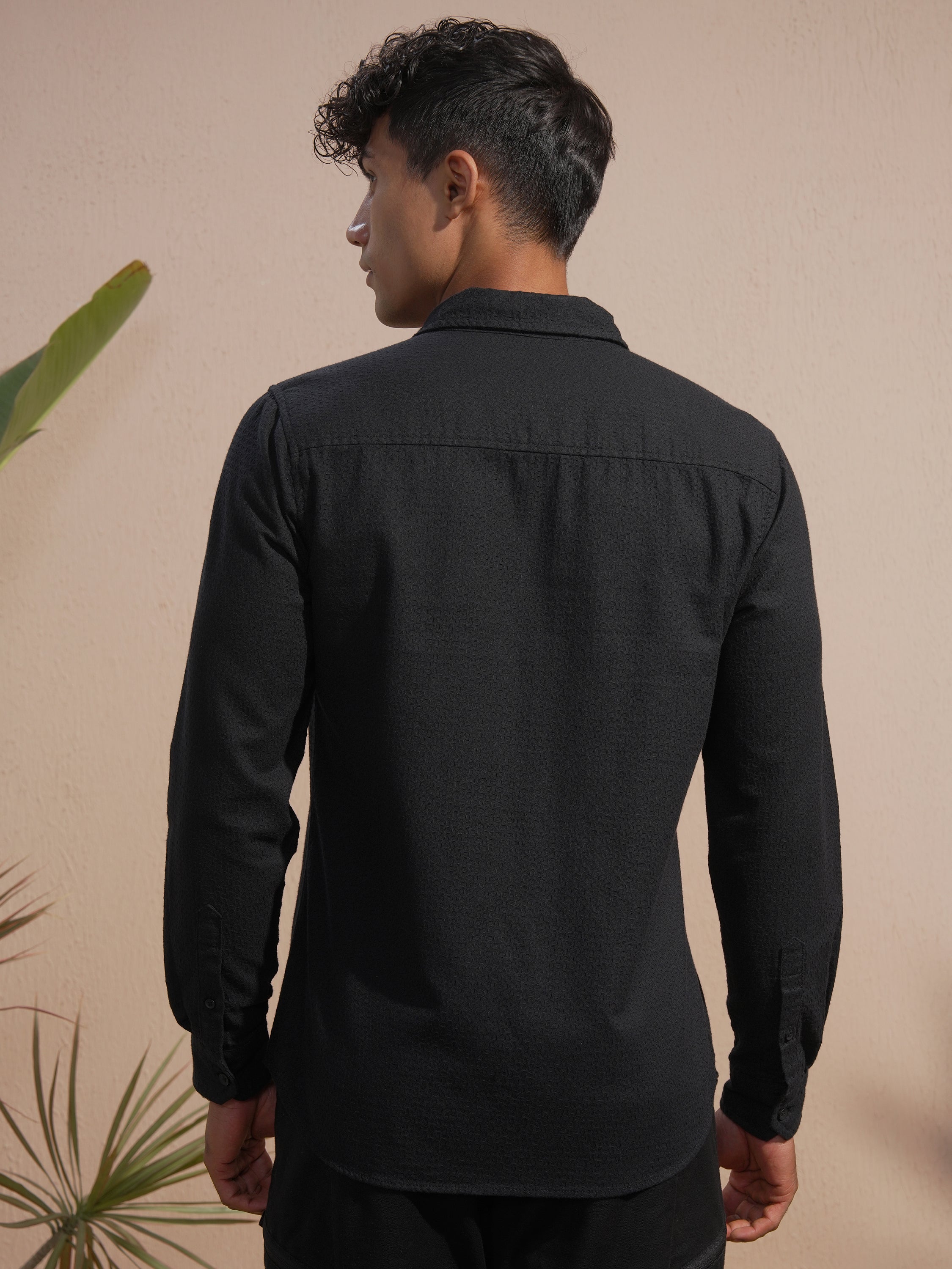 Highlander Men Black Self Design Slim Fit Casual Shirt - Black - Image 3