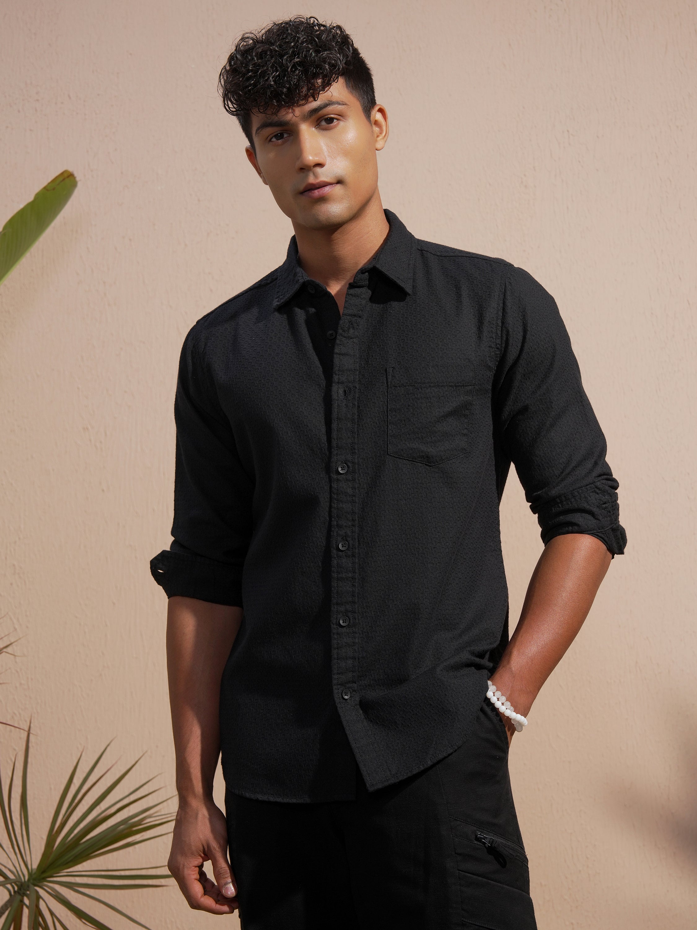 Highlander Men Black Self Design Slim Fit Casual Shirt - Black - Image 4