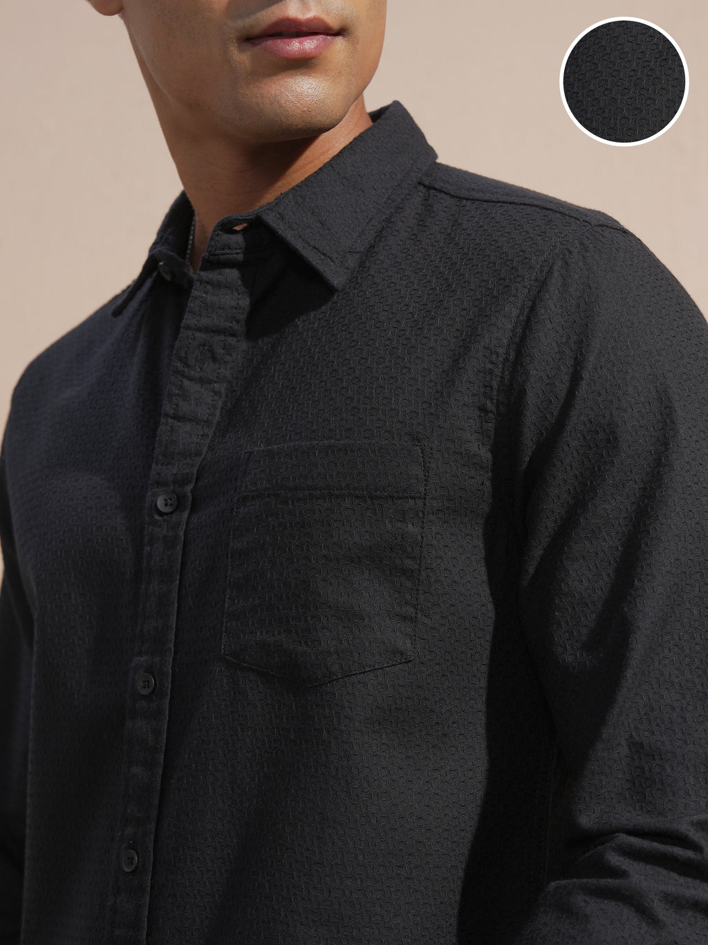 Highlander Men Black Self Design Slim Fit Casual Shirt - Black - Image 5