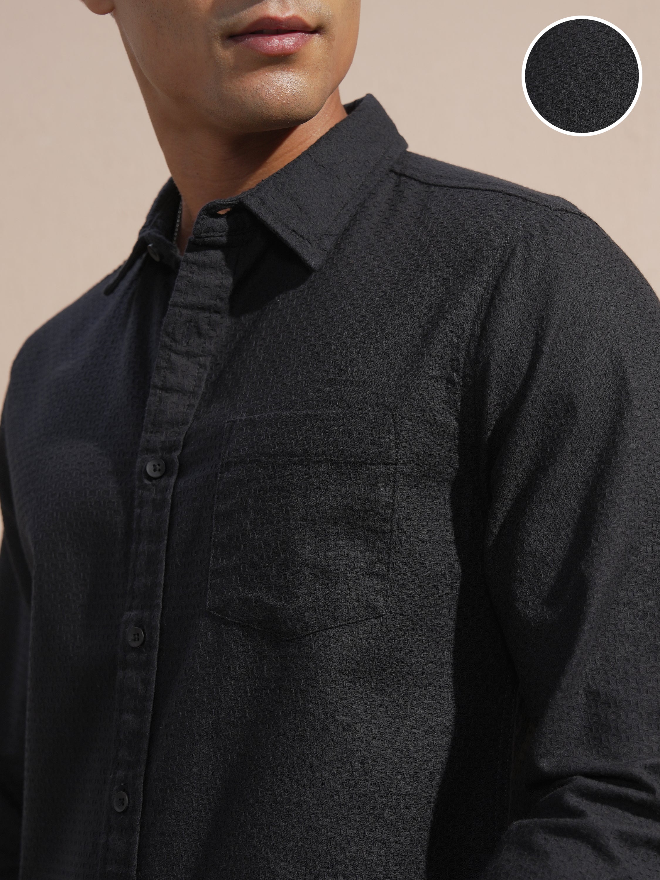 Highlander Men Black Self Design Slim Fit Casual Shirt - Black - Image 5