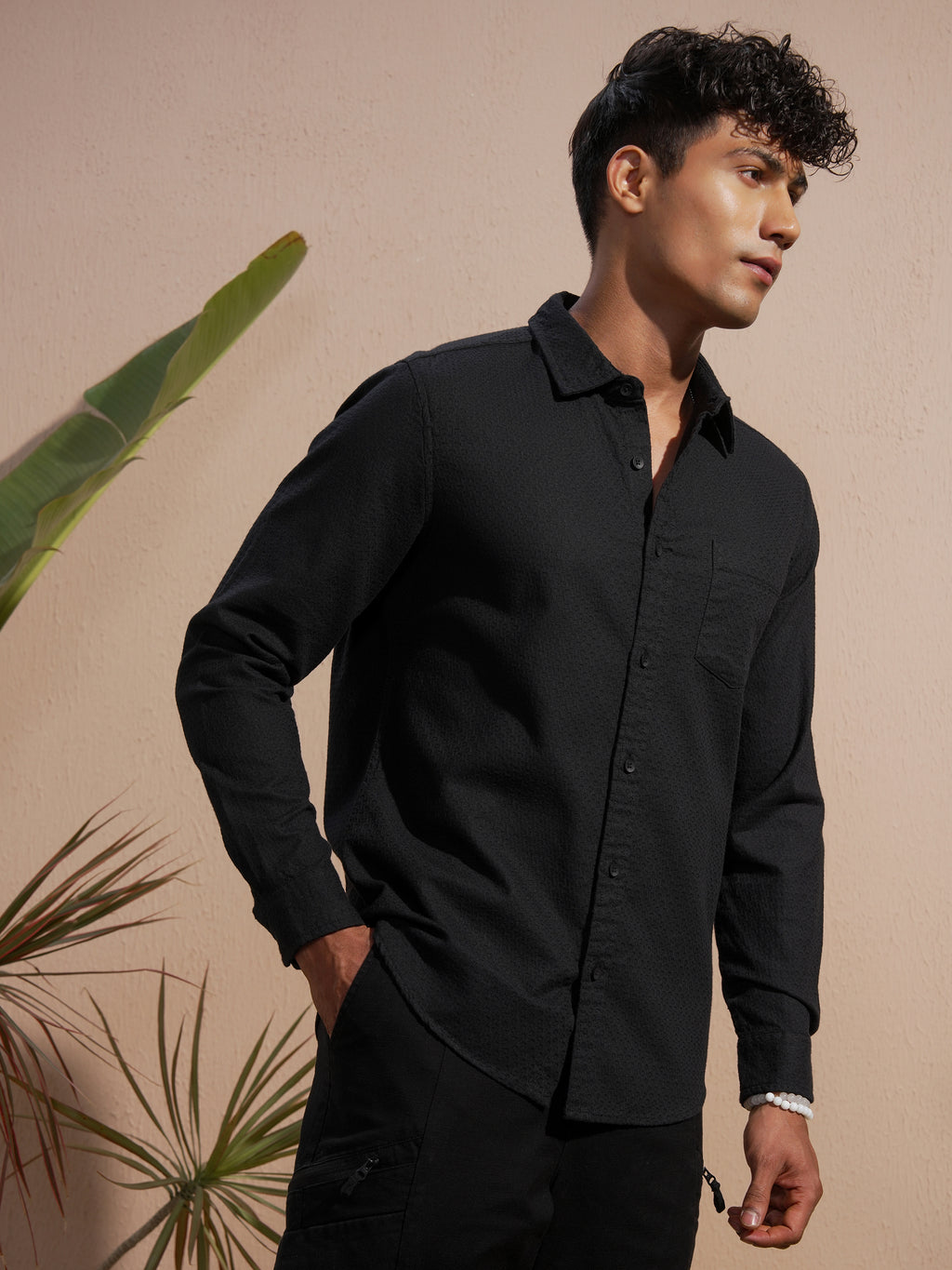 Highlander Men Black Self Design Slim Fit Casual Shirt - Black - Image 6