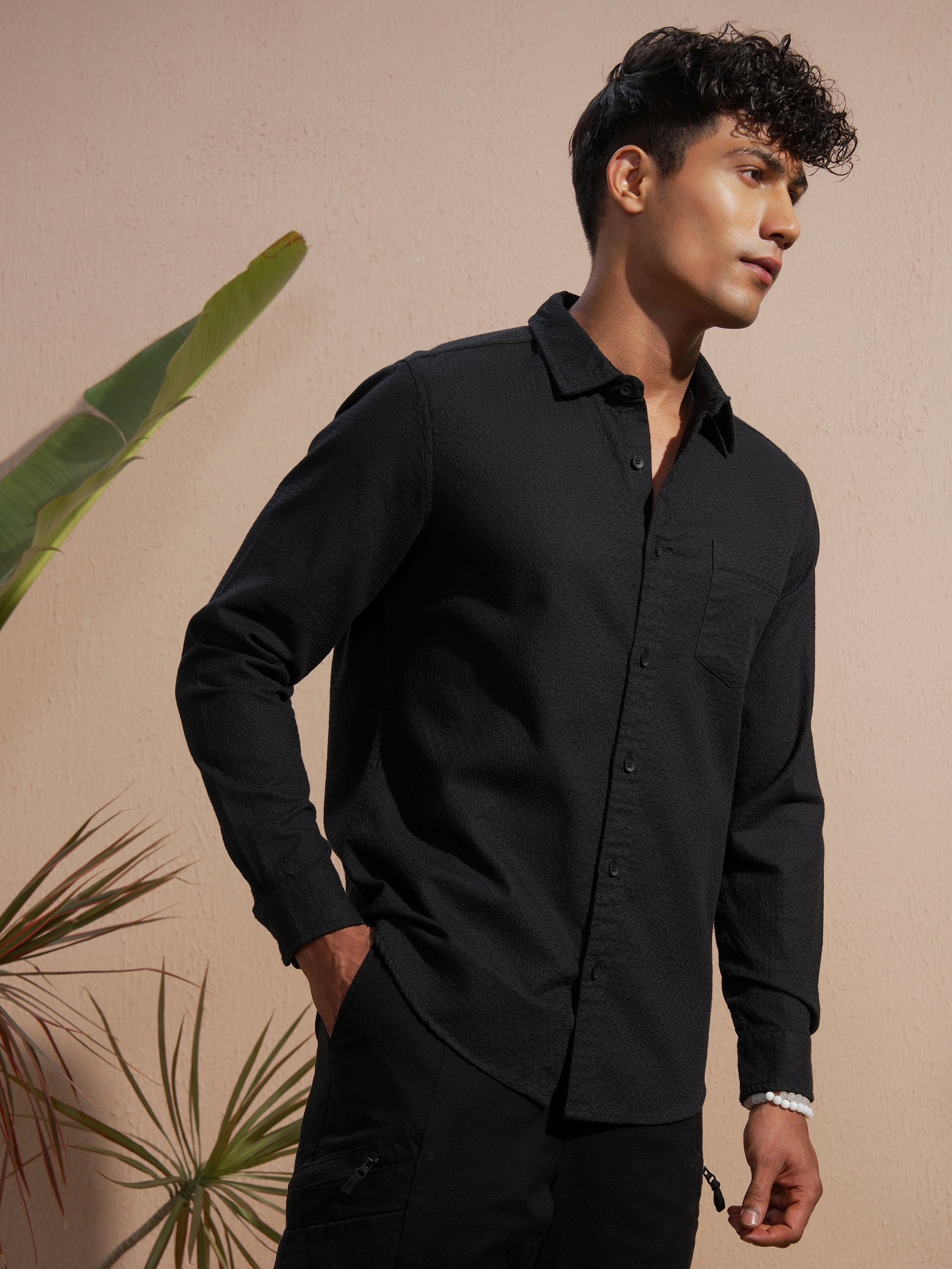 Highlander Men Black Self Design Slim Fit Casual Shirt - Black - Image 6