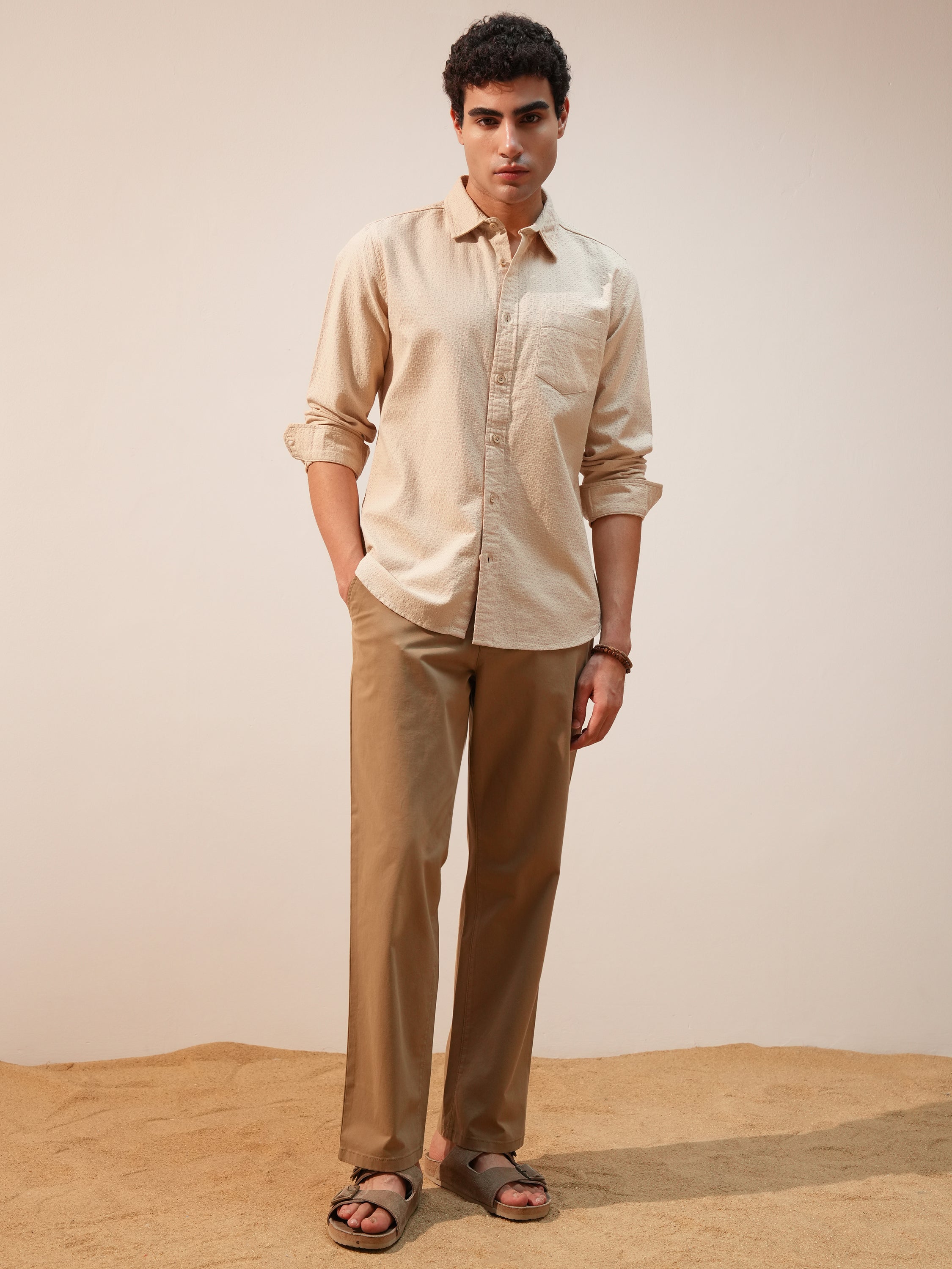 Highlander Men Cream Self Design Slim Fit Casual Shirt - Cream - Image 2
