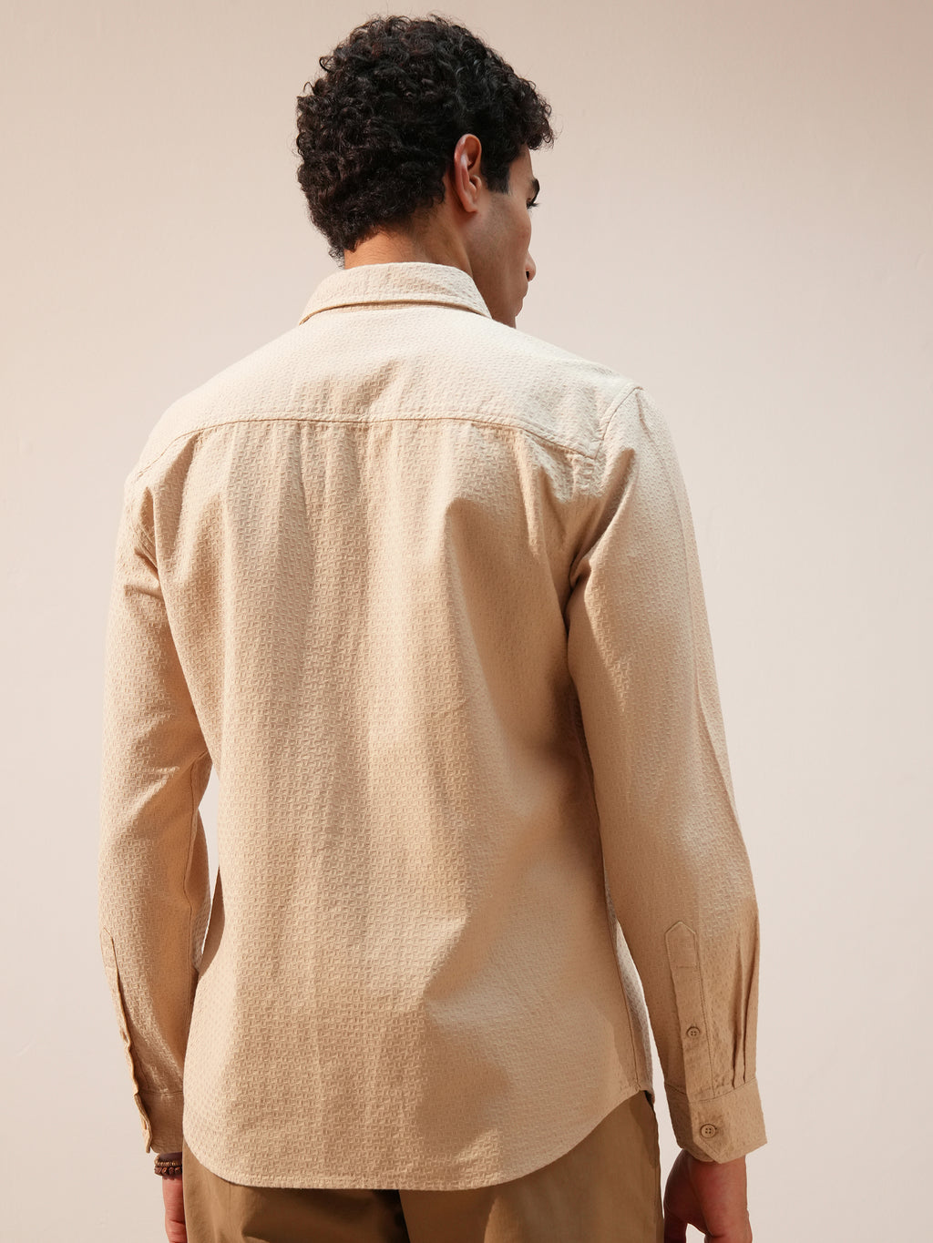 Highlander Men Cream Self Design Slim Fit Casual Shirt - Cream - Image 3