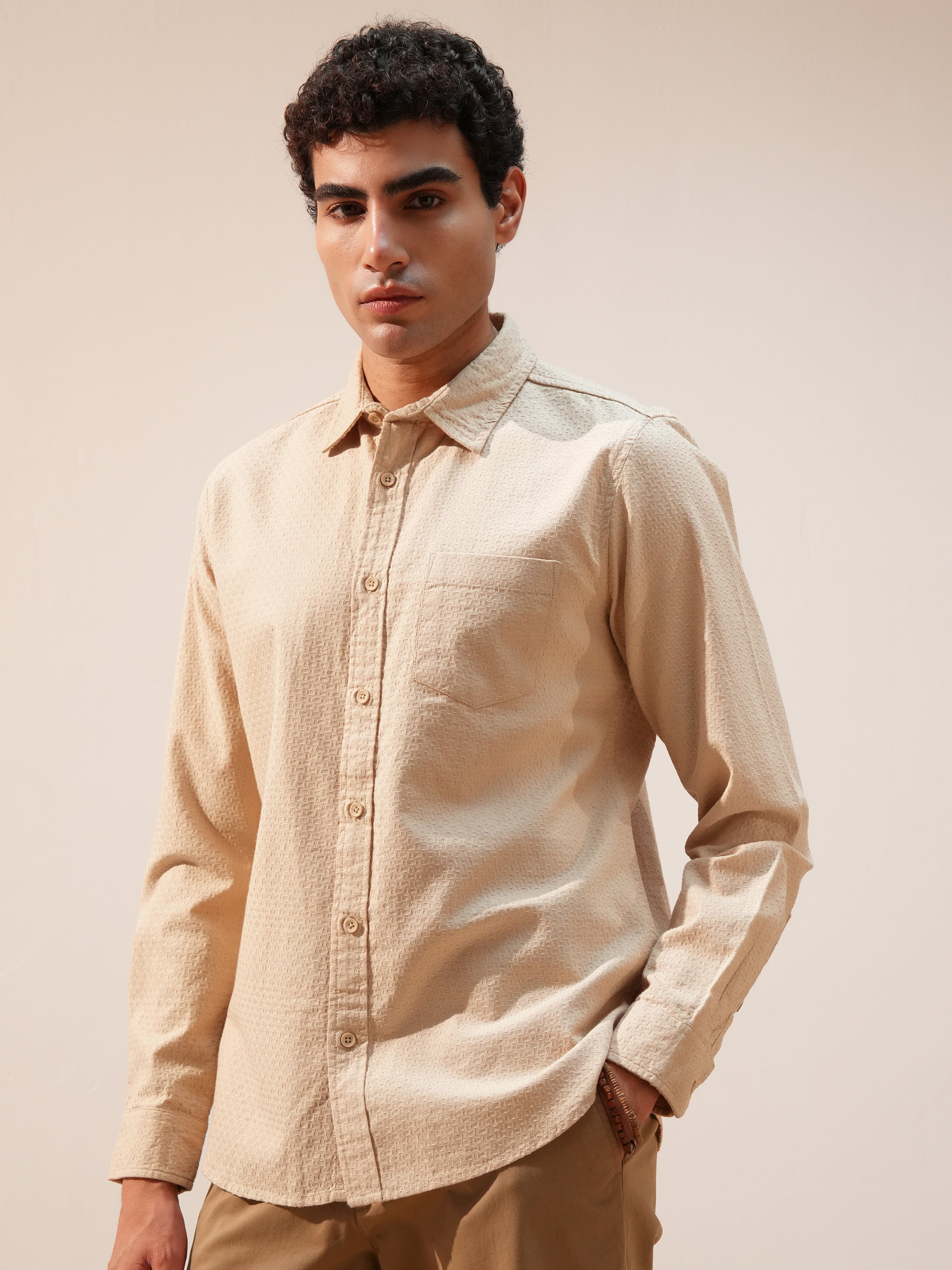 Highlander Men Cream Self Design Slim Fit Casual Shirt - Cream - Image 4