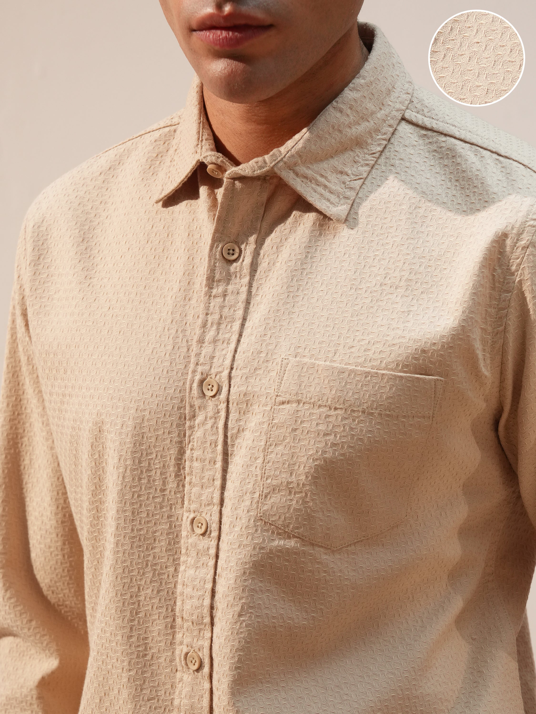 Highlander Men Cream Self Design Slim Fit Casual Shirt - Cream - Image 5