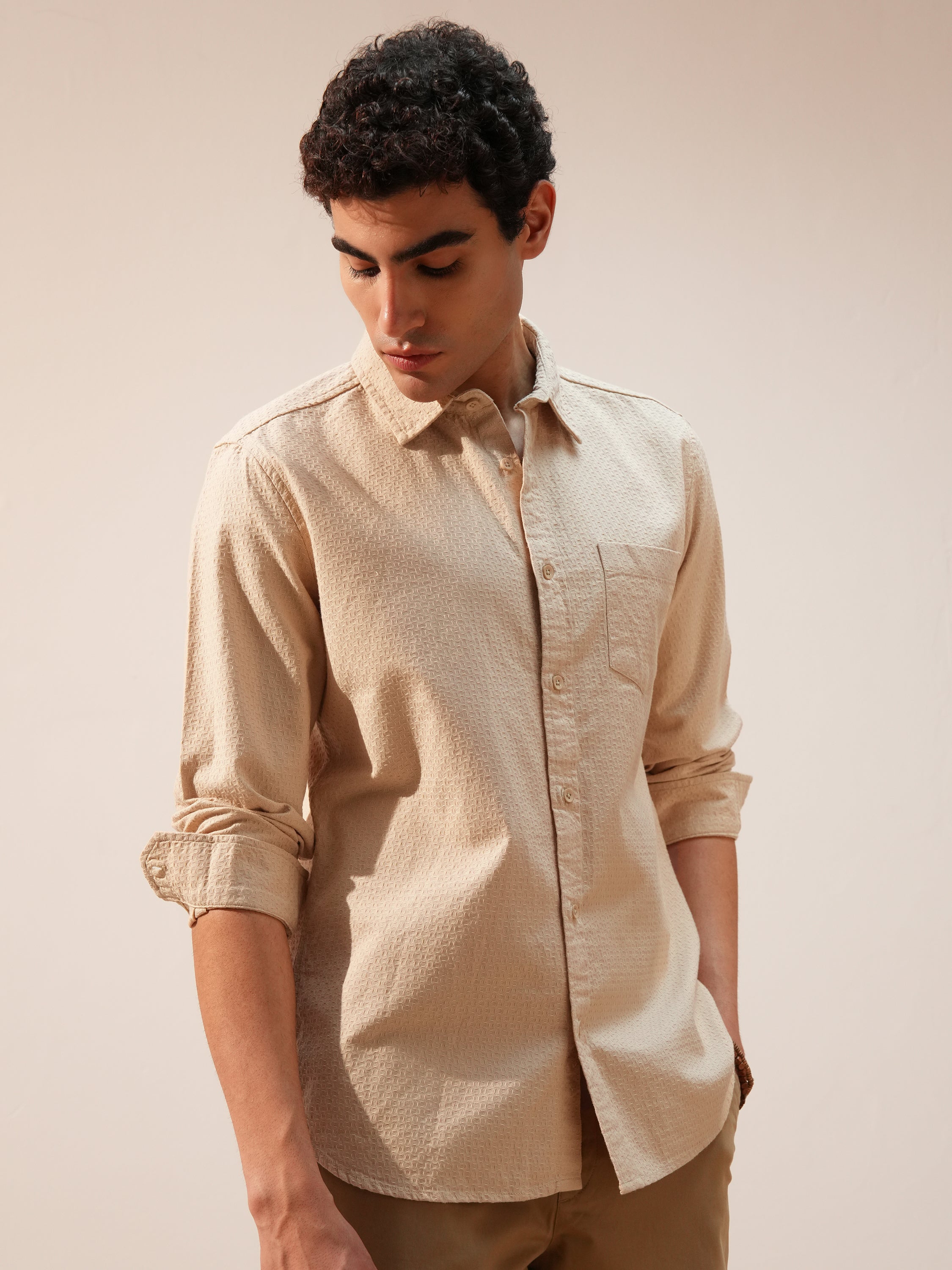 Highlander Men Cream Self Design Slim Fit Casual Shirt - Cream - Image 6