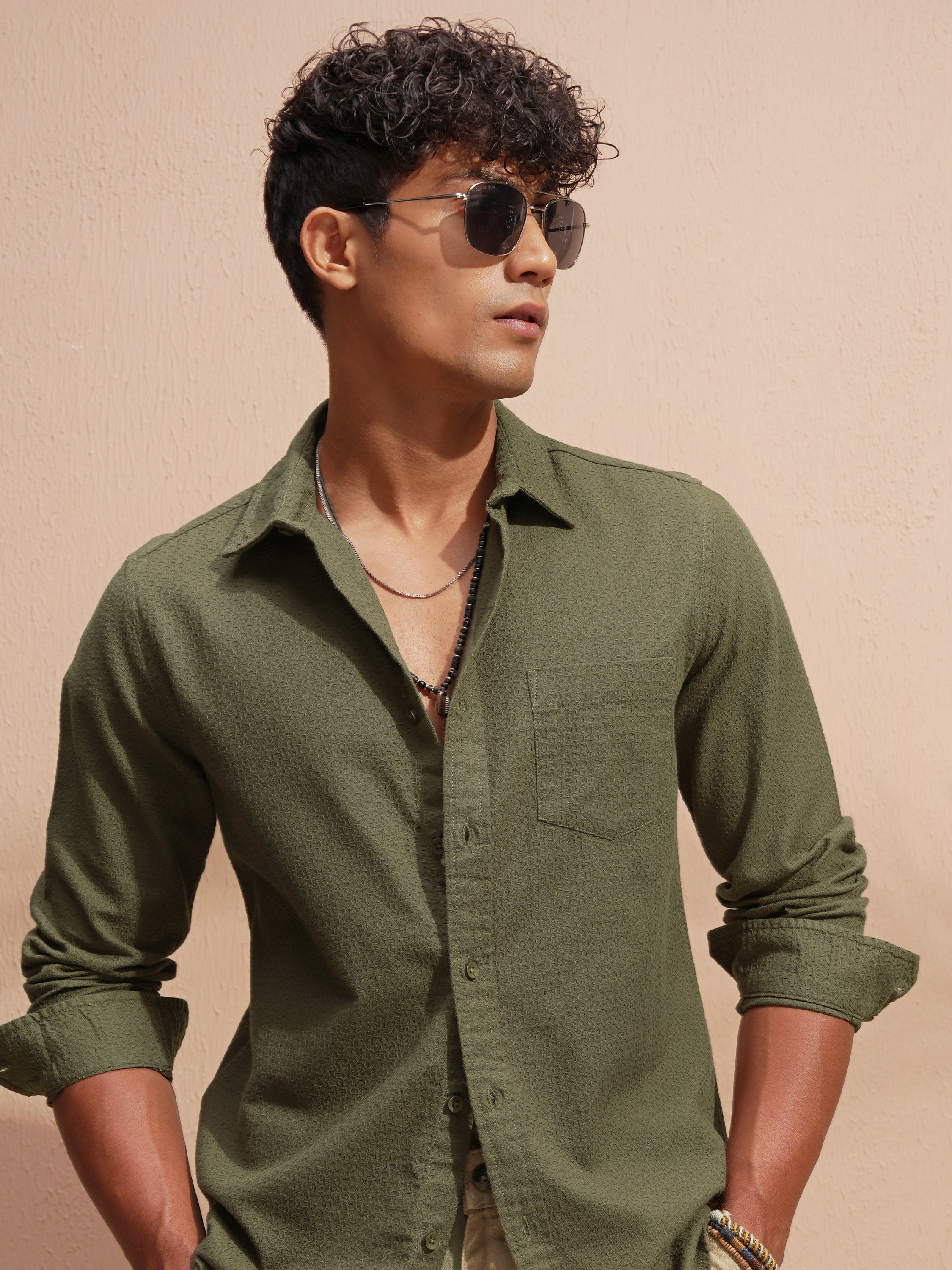Highlander Men Olive Self Design Slim Fit Casual Shirt - Olive - Image 1