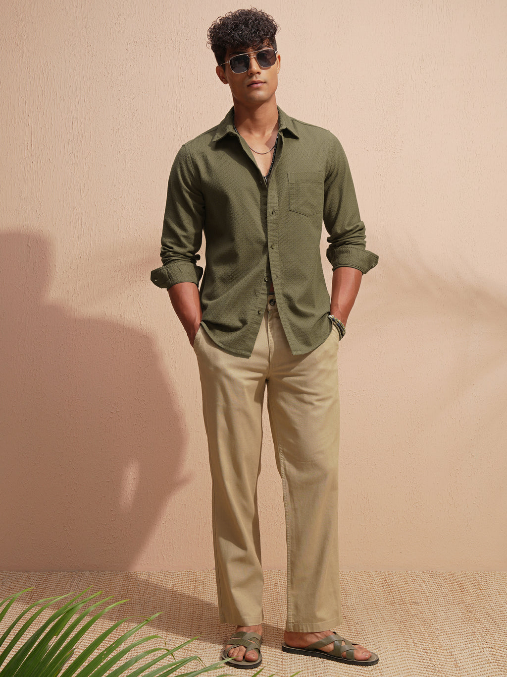 Highlander Men Olive Self Design Slim Fit Casual Shirt - Olive - Image 2