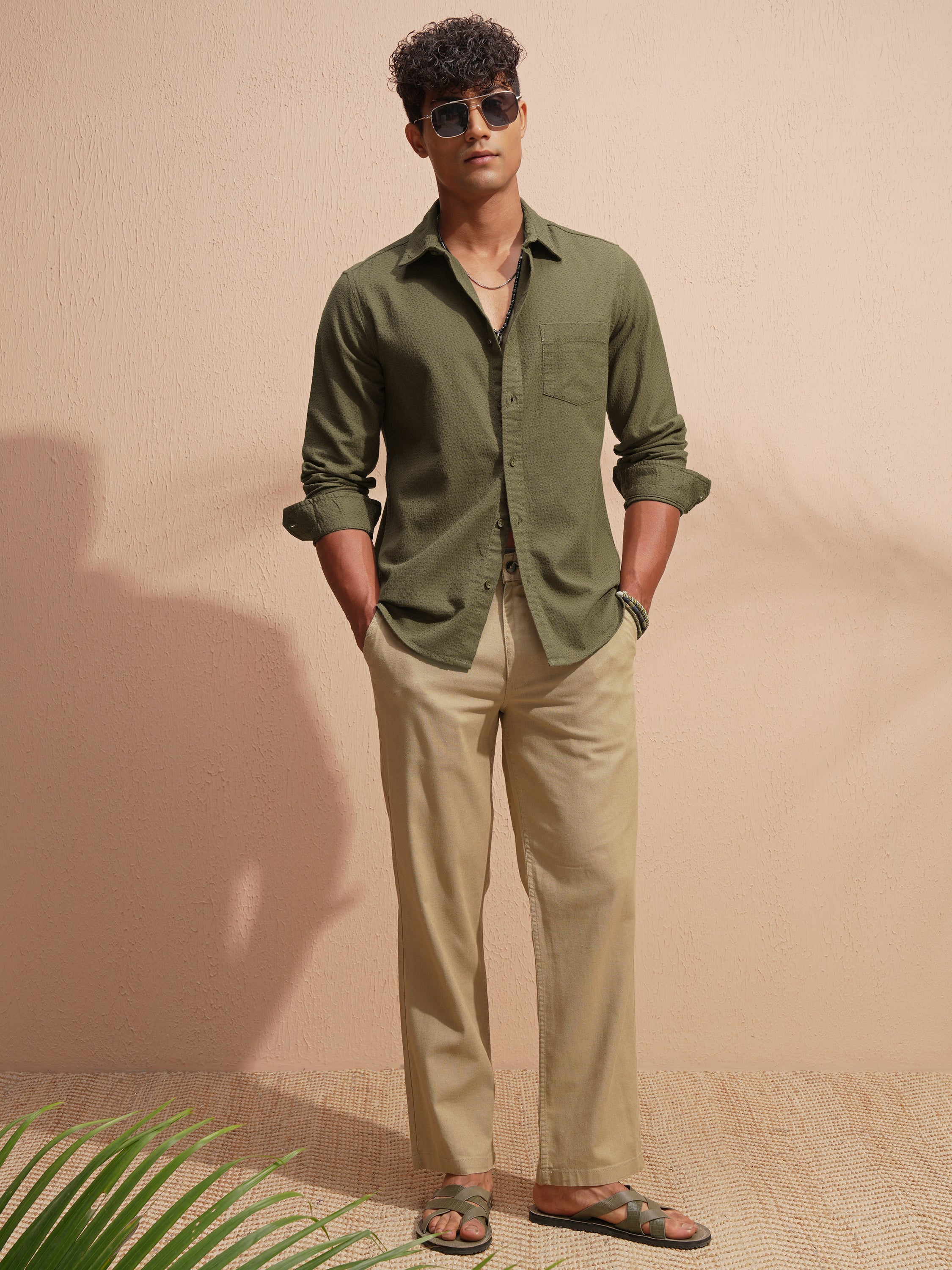 Highlander Men Olive Self Design Slim Fit Casual Shirt - Olive - Image 2