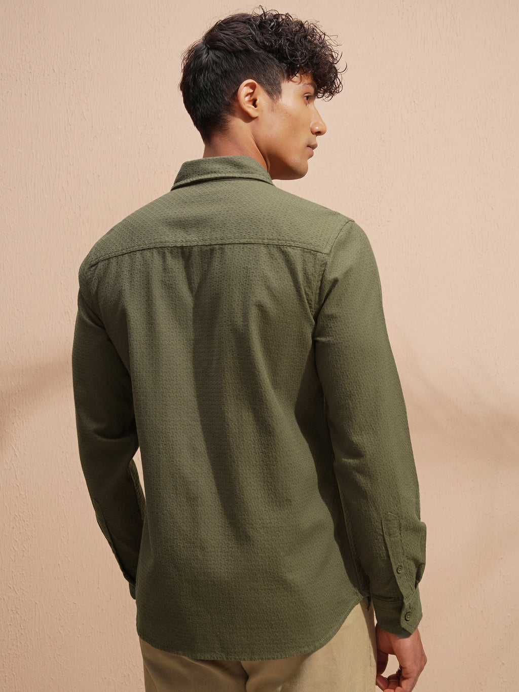 Highlander Men Olive Self Design Slim Fit Casual Shirt - Olive - Image 3