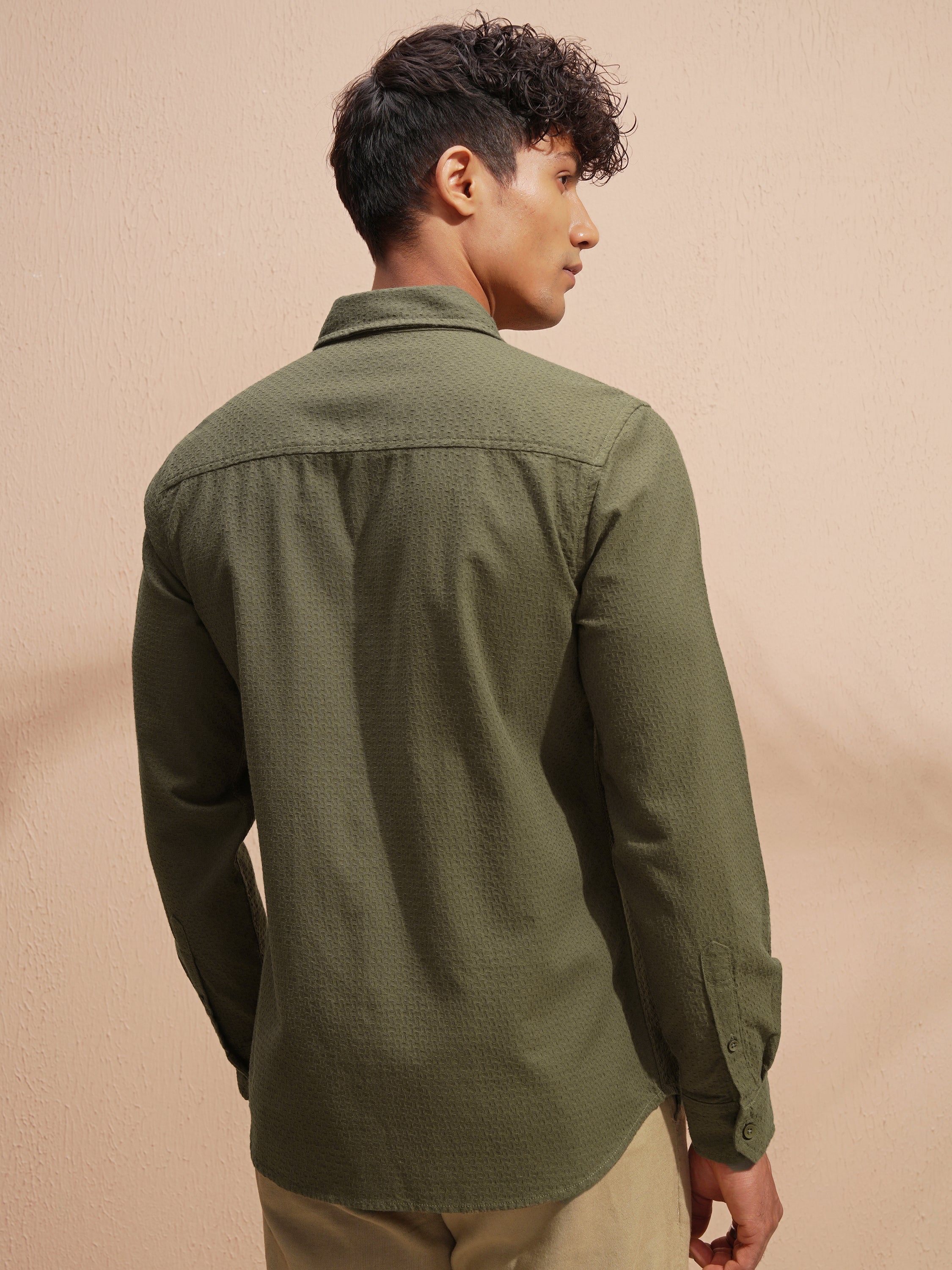 Highlander Men Olive Self Design Slim Fit Casual Shirt - Olive - Image 3