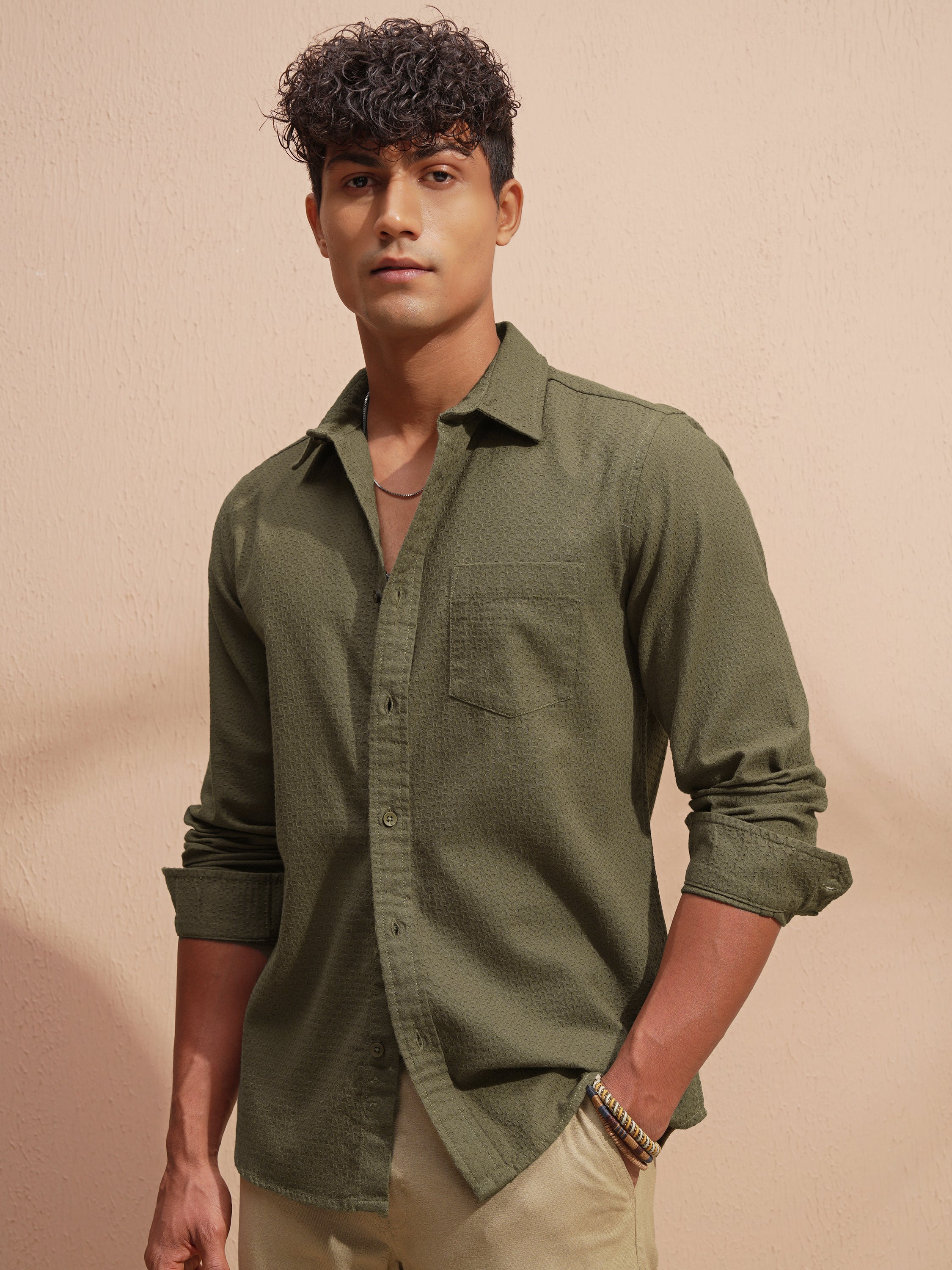 Highlander Men Olive Self Design Slim Fit Casual Shirt - Olive - Image 4