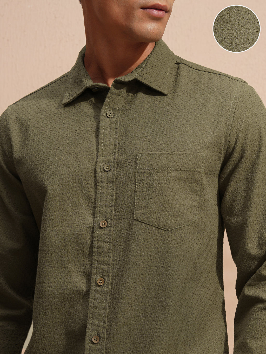 Highlander Men Olive Self Design Slim Fit Casual Shirt - Olive - Image 5