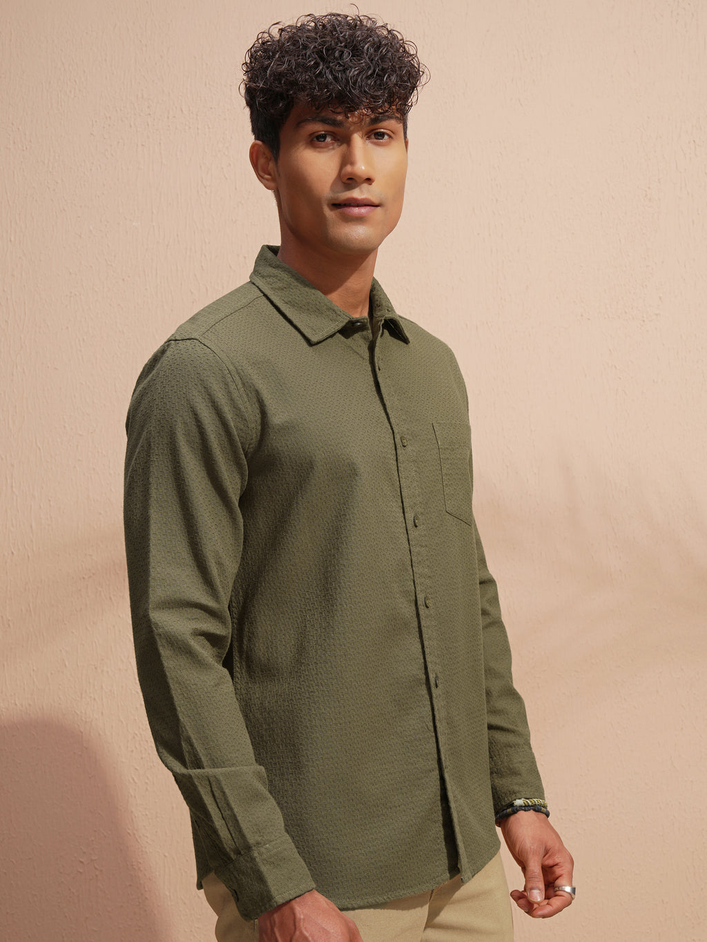 Highlander Men Olive Self Design Slim Fit Casual Shirt - Olive - Image 6
