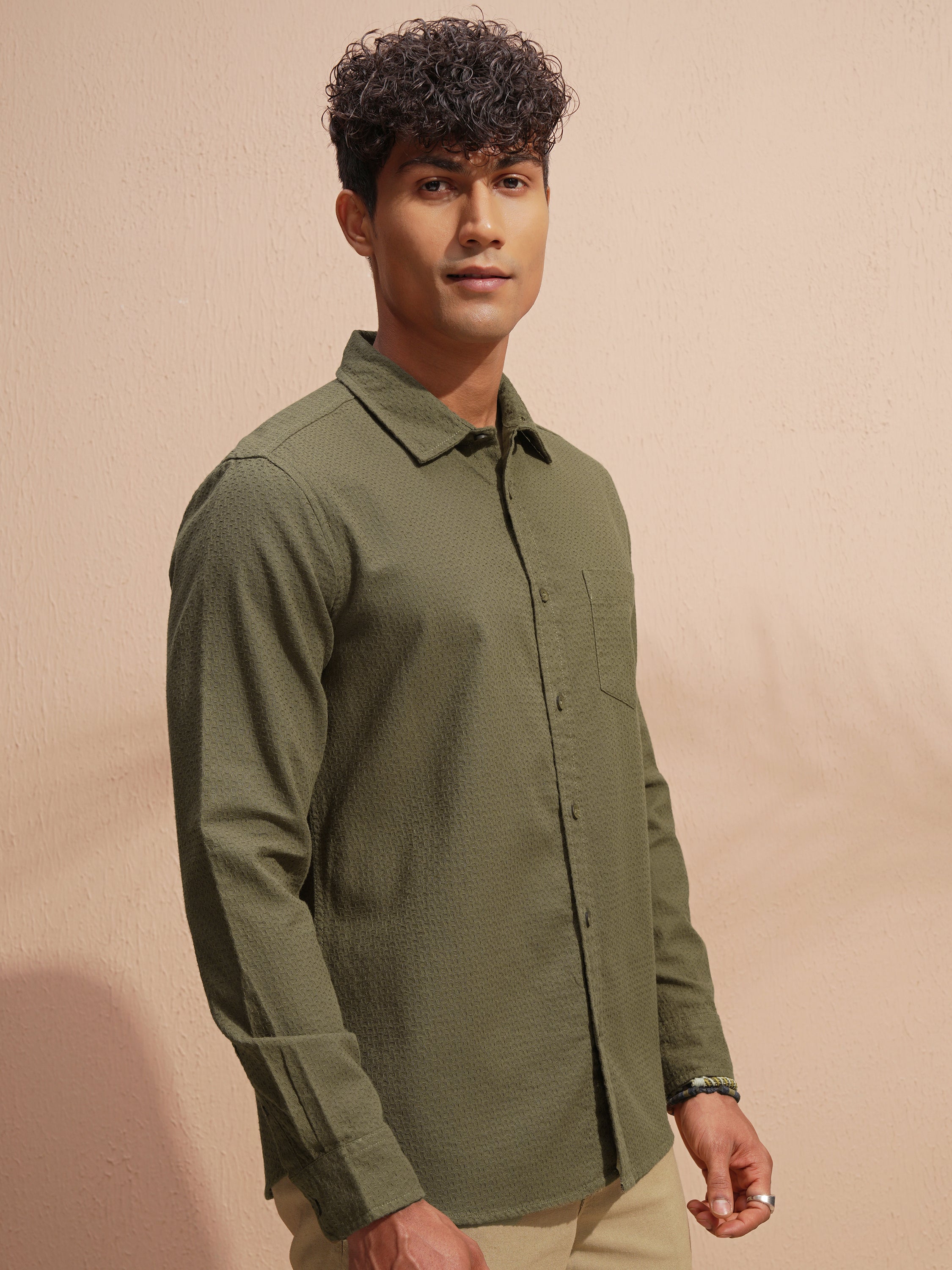 Highlander Men Olive Self Design Slim Fit Casual Shirt - Olive - Image 6
