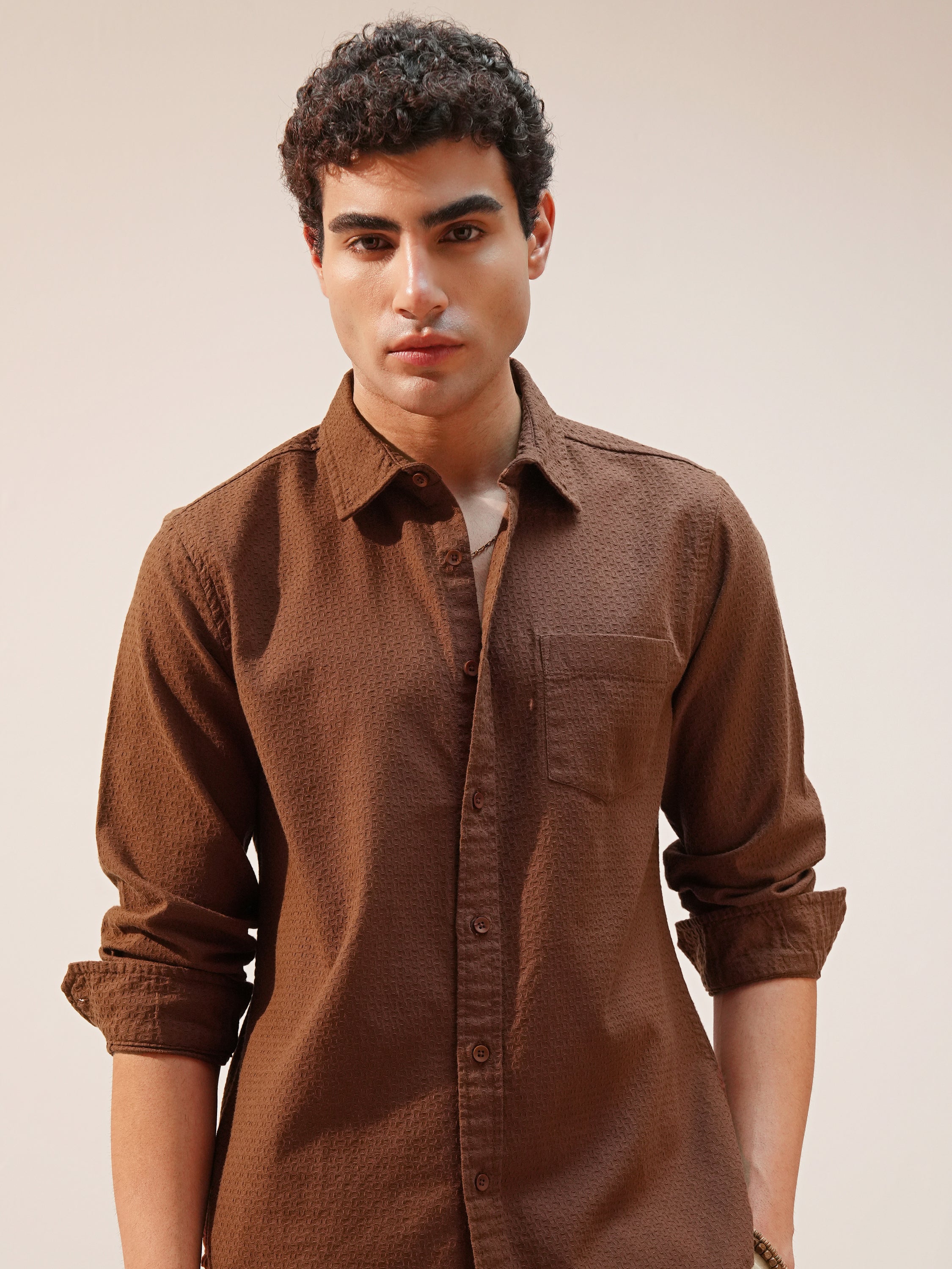 Highlander Men Brown Self Design Slim Fit Casual Shirt - Brown - Image 1