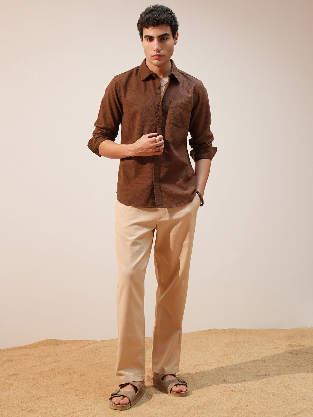 Highlander Men Brown Self Design Slim Fit Casual Shirt - Brown - Image 2