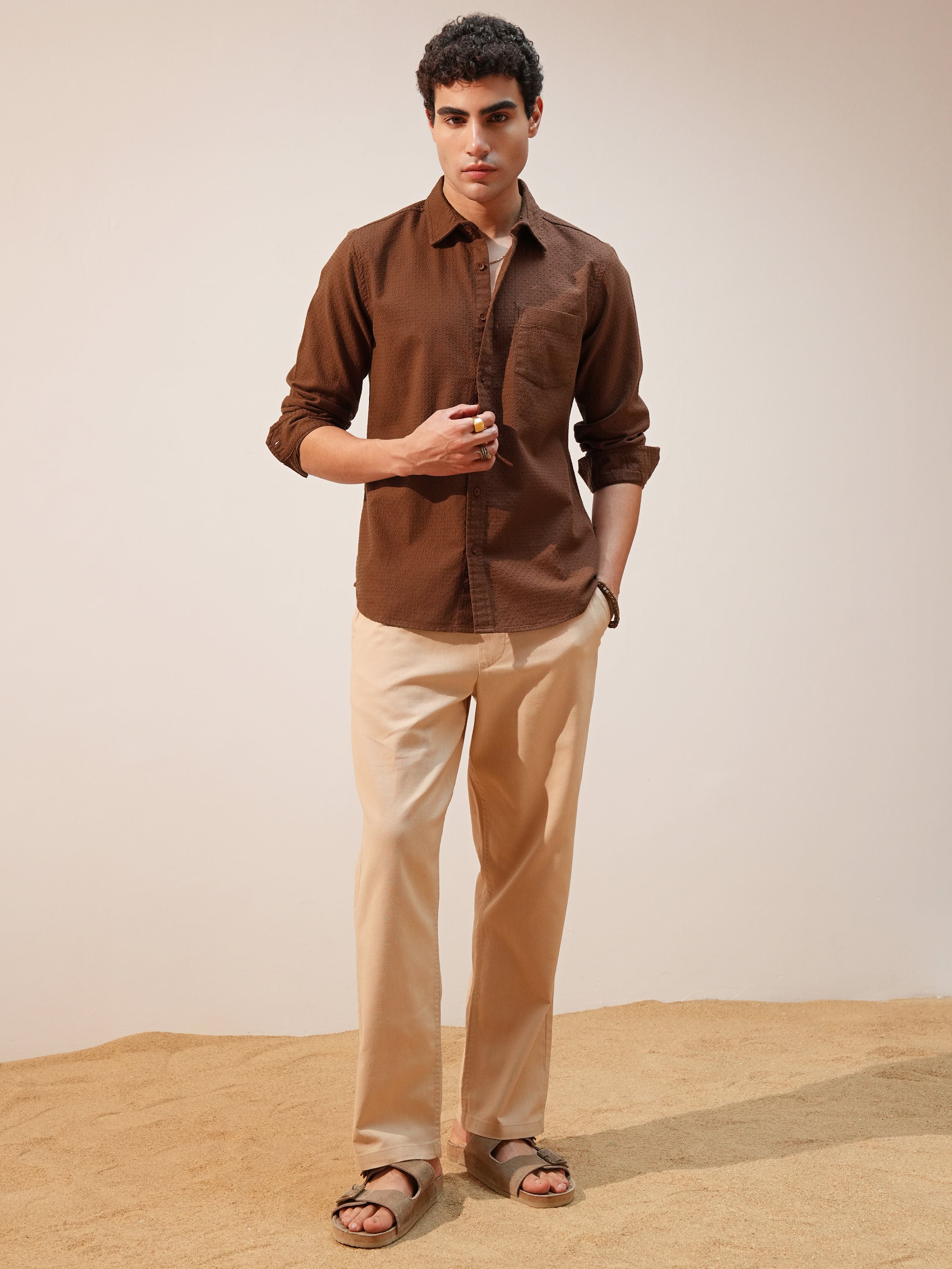 Highlander Men Brown Self Design Slim Fit Casual Shirt - Brown - Image 2