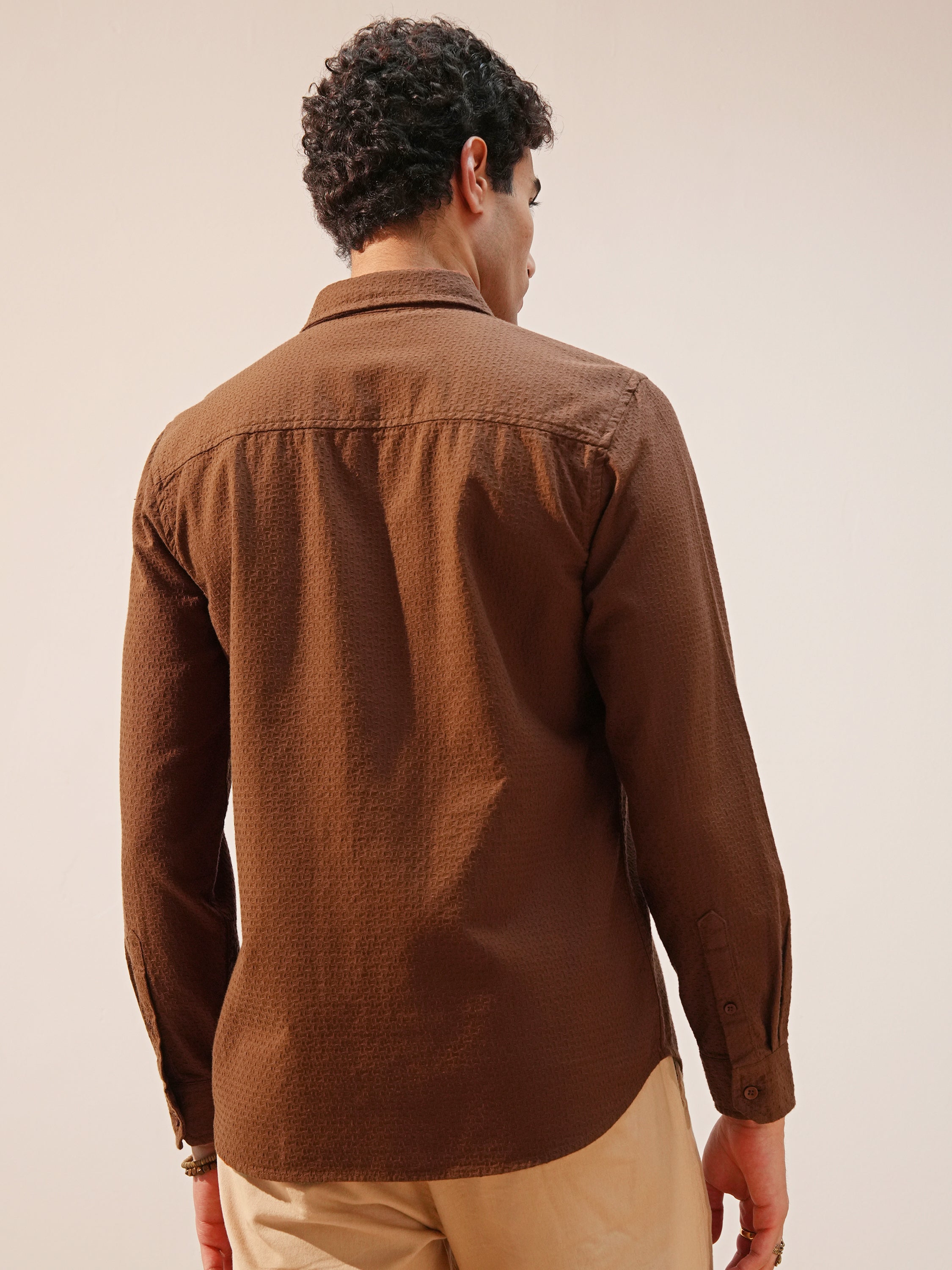 Highlander Men Brown Self Design Slim Fit Casual Shirt - Brown - Image 3