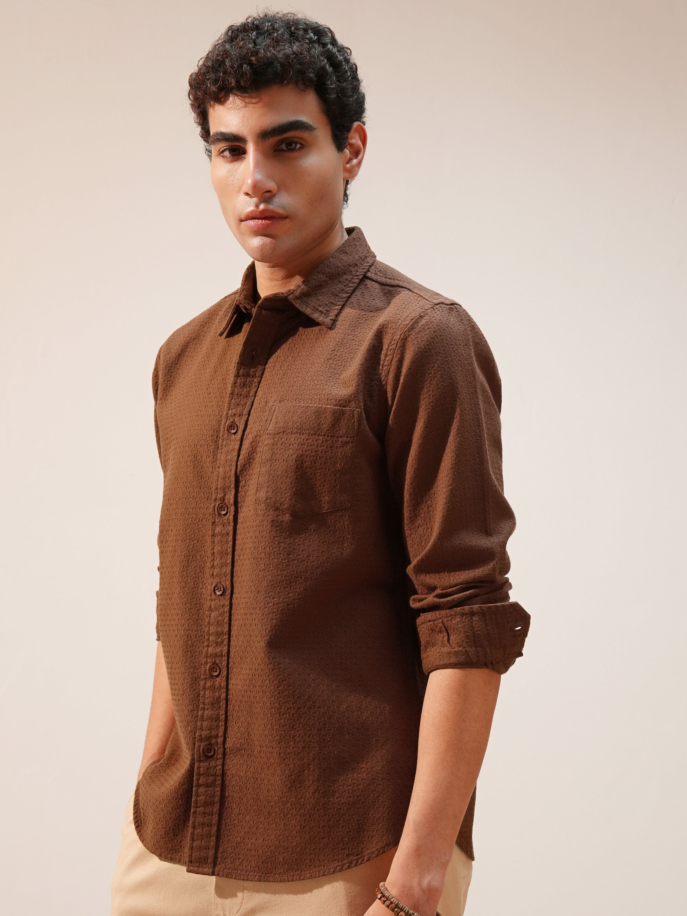 Highlander Men Brown Self Design Slim Fit Casual Shirt - Brown - Image 4